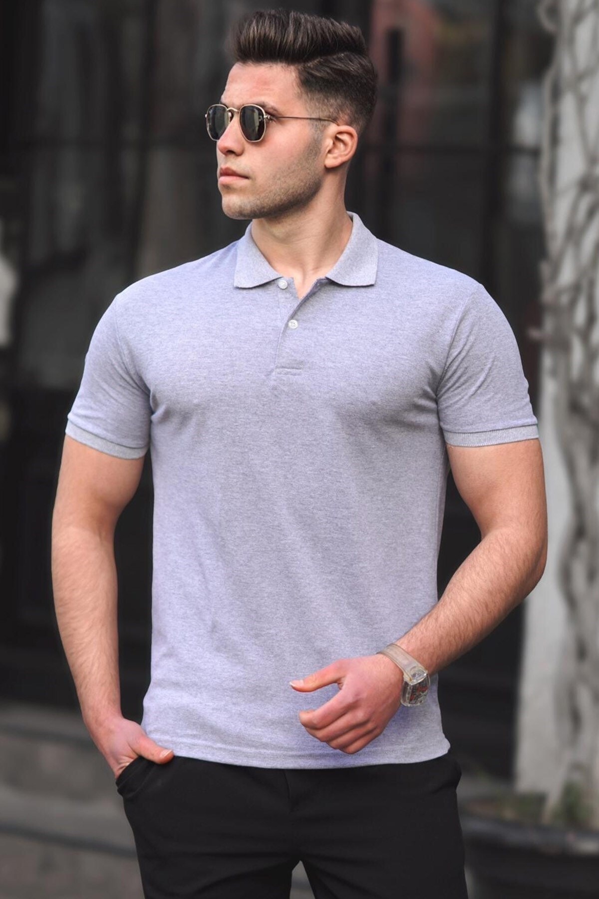 Levně Madmext Basic Gray Polo Neck Men's T-Shirt 5101