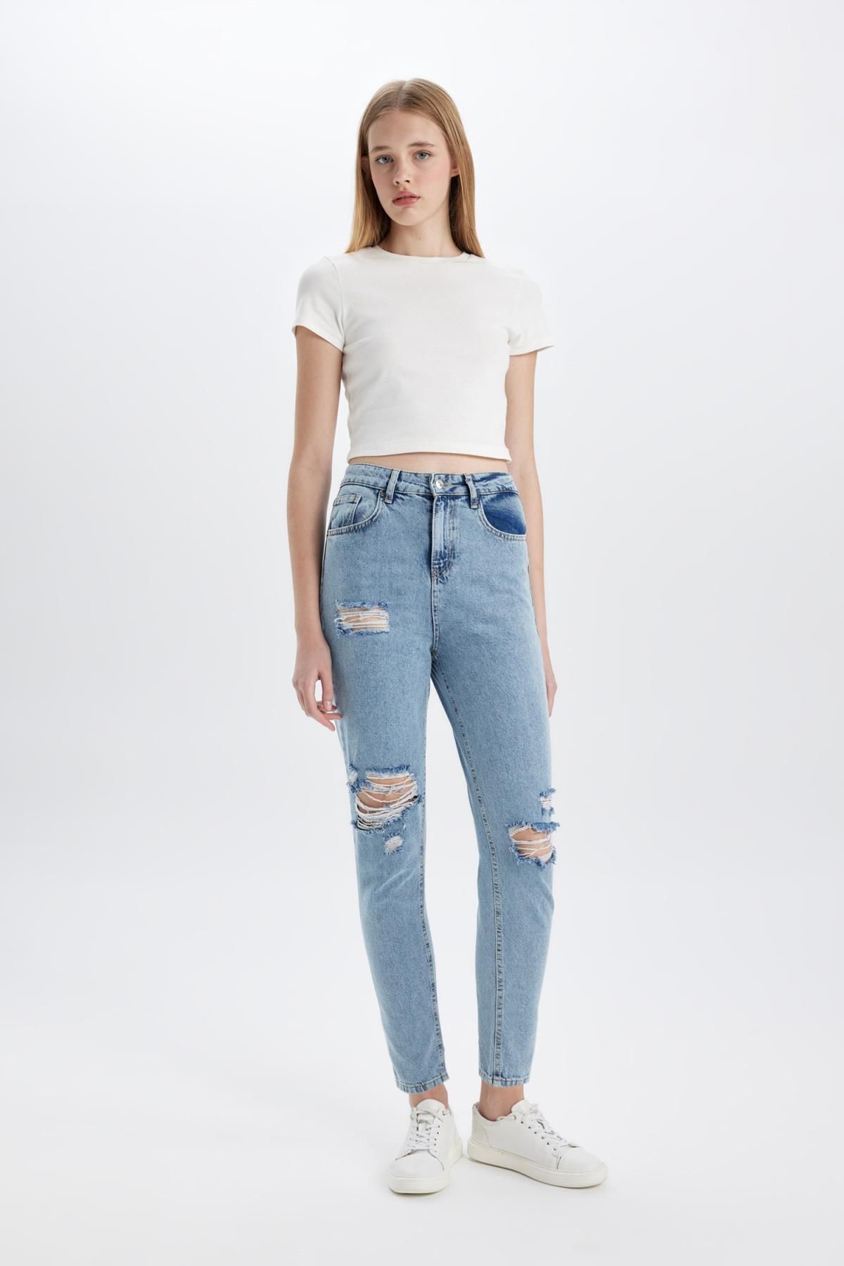 DEFACTO Lina Lina Mom Fit Ripped Detailed High Waist Ankle Length Jean Washed Trousers