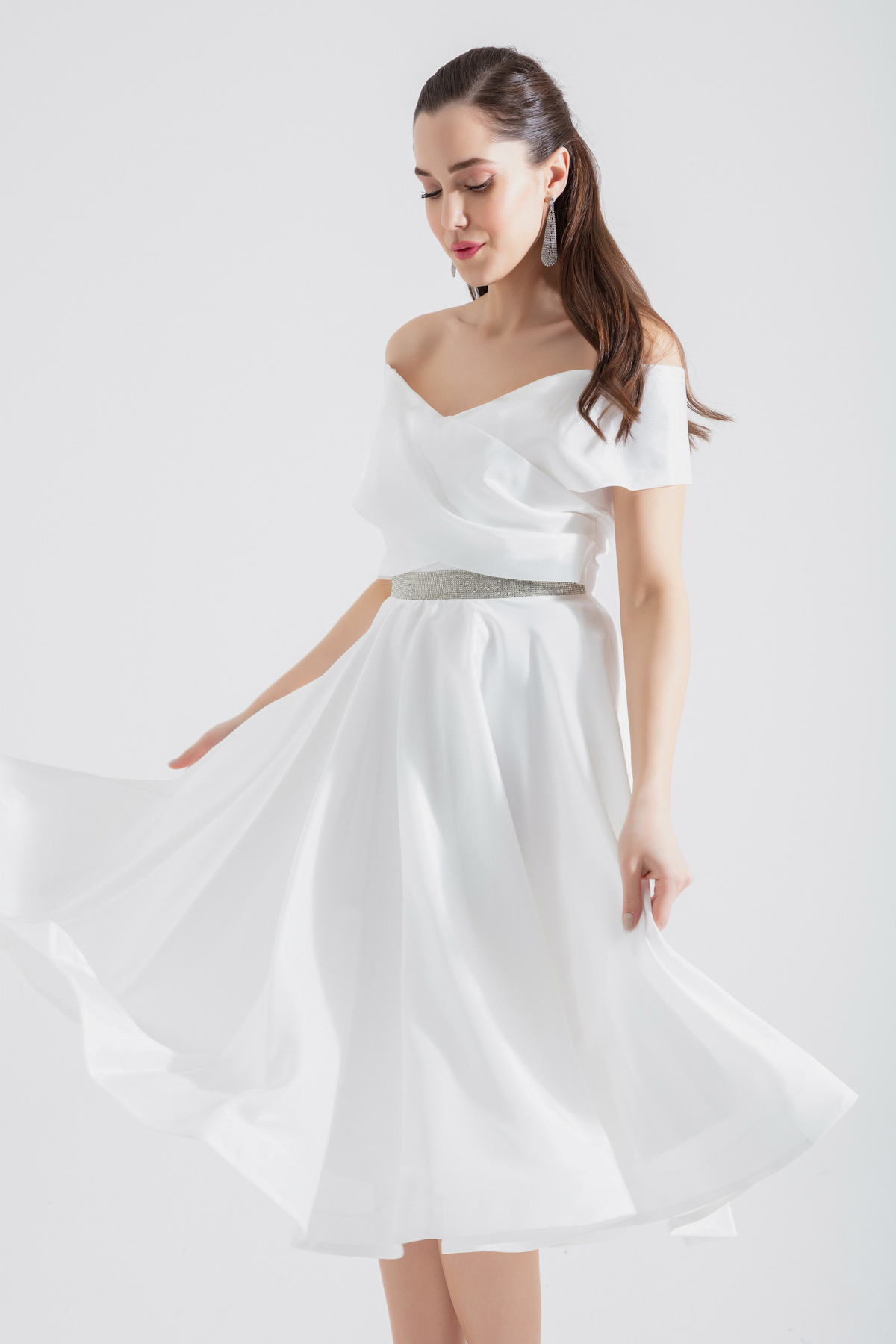 Lafaba Women's White Boat Neck Stripe Jewelled Midi Evening Dress