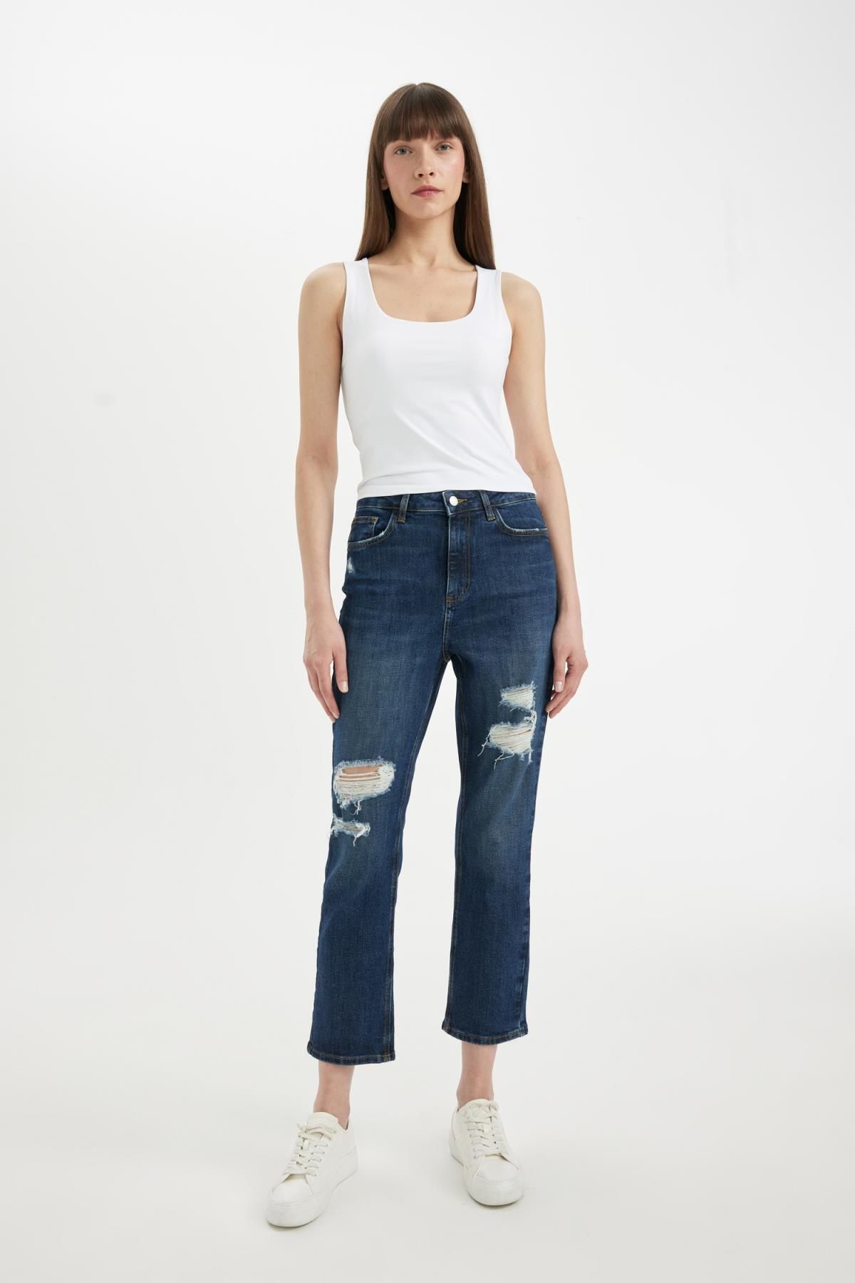 DEFACTO Mary Vintage Straight Fit Ripped Detailed High Waist Ankle Length Jean Trousers