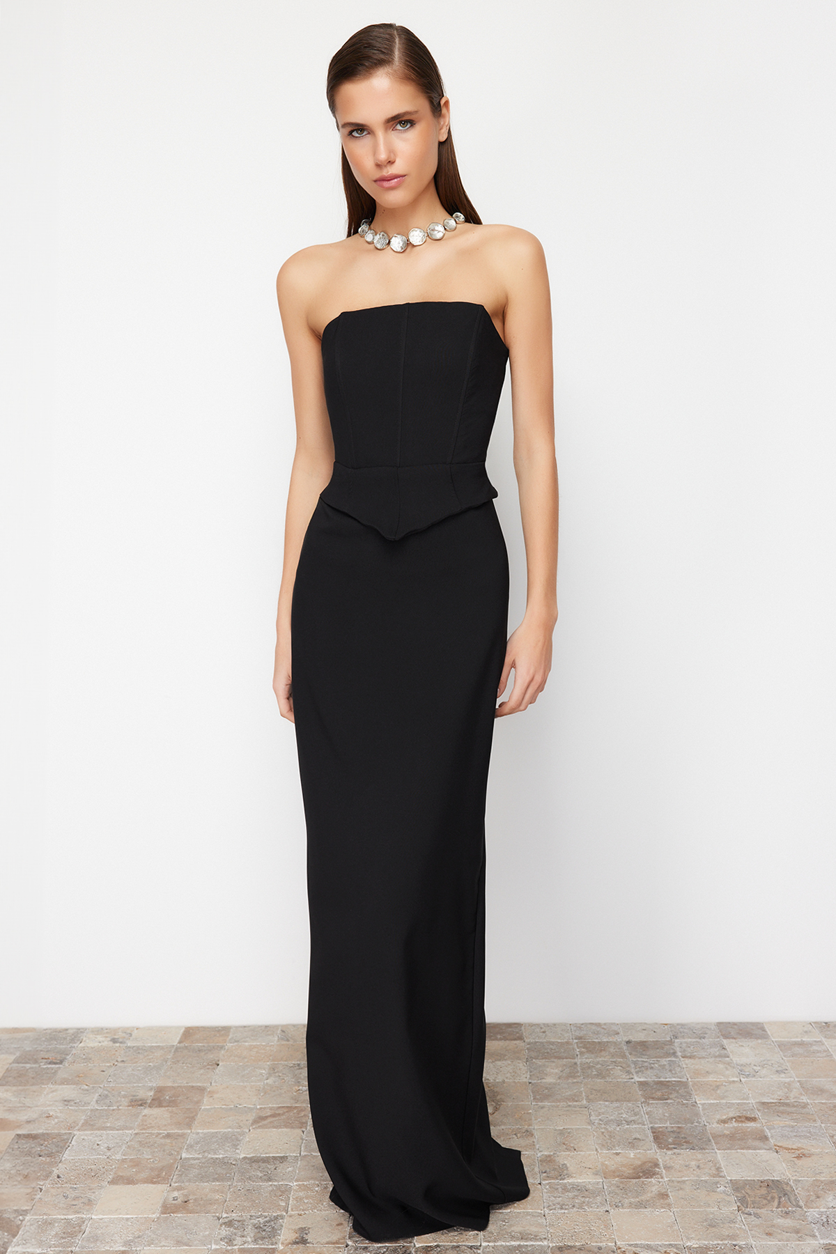 Trendyol Black Corset Detailed Woven Long Evening Dress