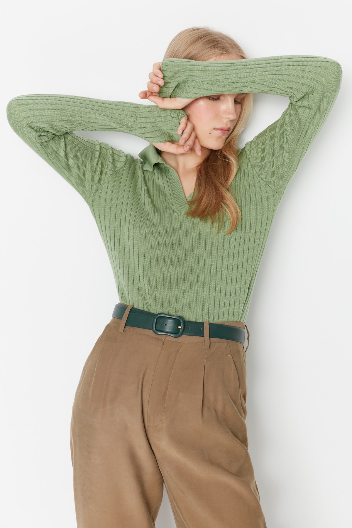 Trendyol Mint Polo Collar Knitwear Sweater