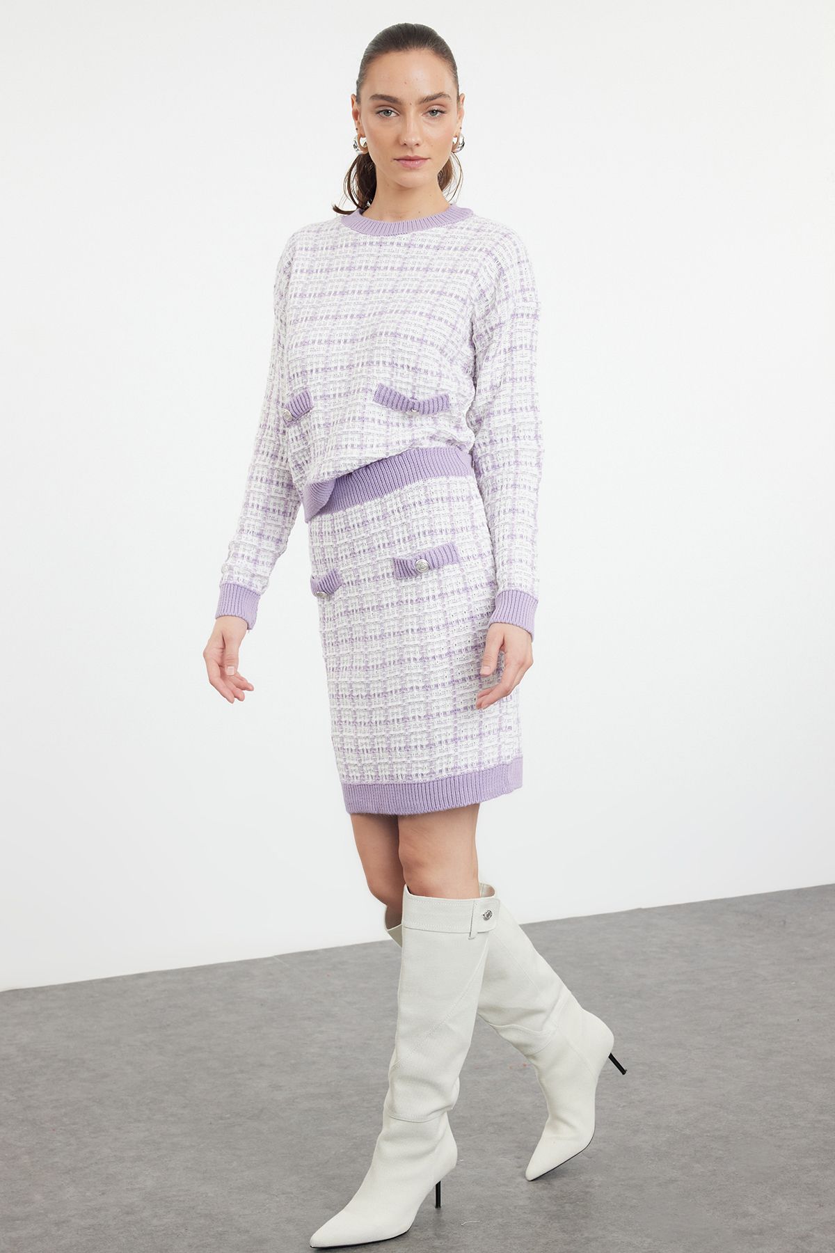 Trendyol Lilac Tweed Look Skirted Glitter Knitwear Bottom-Top Set