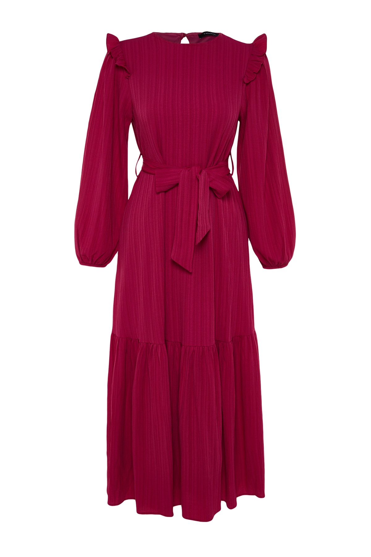 Rochie țesută Trendyol Fuchsia cu burtă mixtă de vâscoză, cu ornamente cu volane în jurul umerilor.