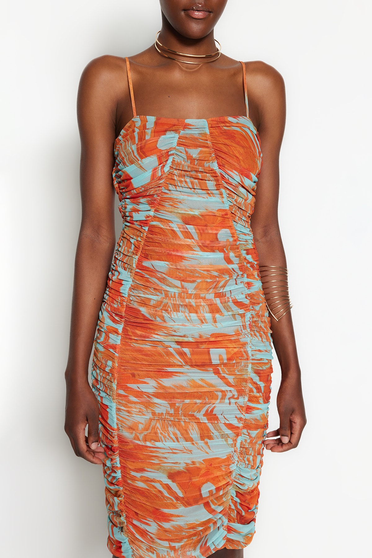 Rochie de seara eleganta cu imprimeu din tul multicolor Trendyol cu montare din in