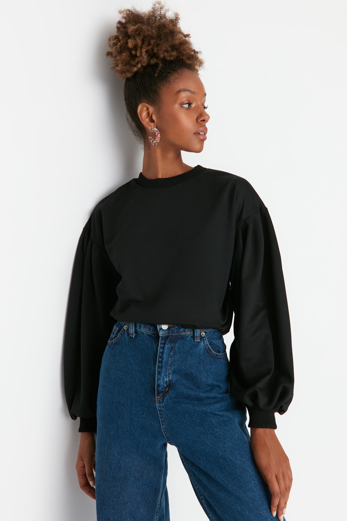 Trendyol Black Balloon Sleeve Thin, Basic Knitted Sweatshirt
