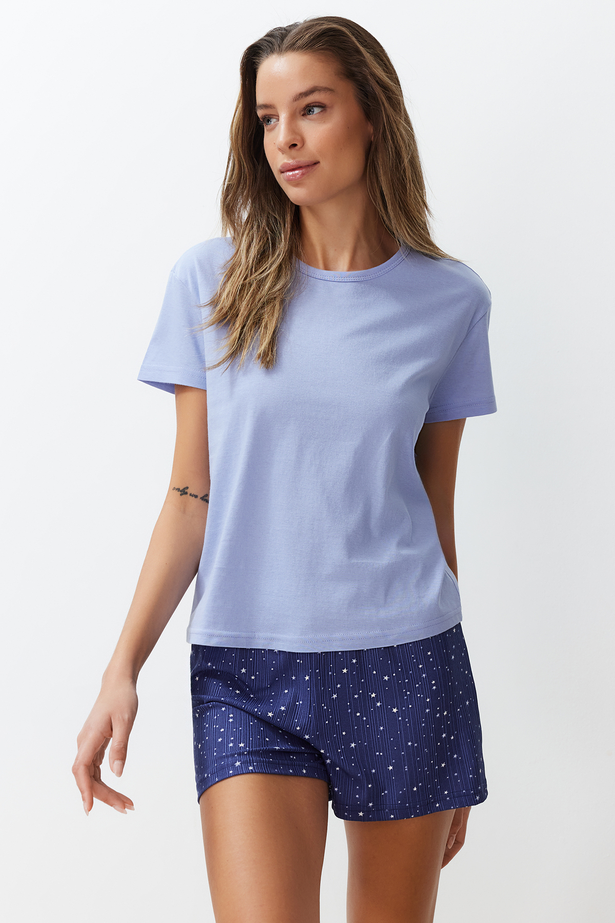 Trendyol Blue 100% Cotton Star Pattern Knitted Pajamas Set