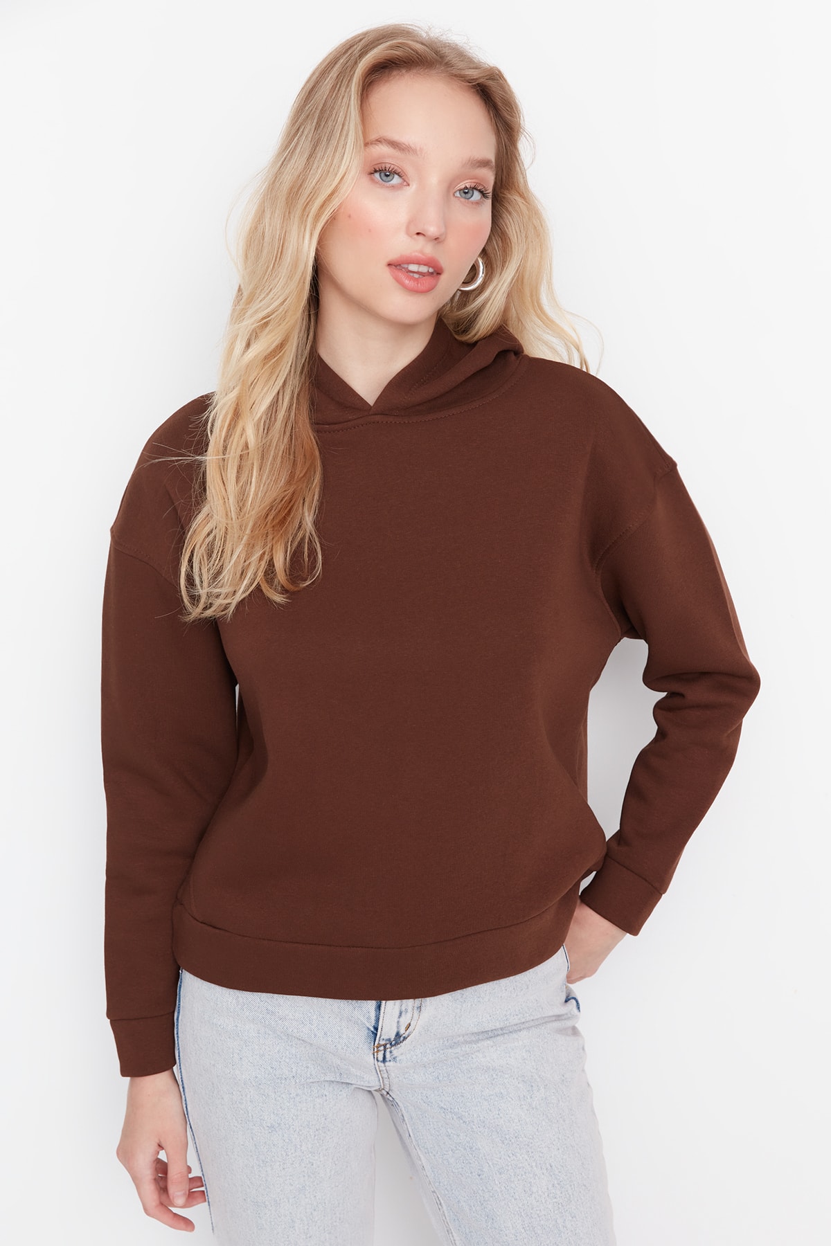 Levně Trendyol Brown Regular/Normal Wear Basic with a Hooded Fleece Inside Knitted Sweatshirt