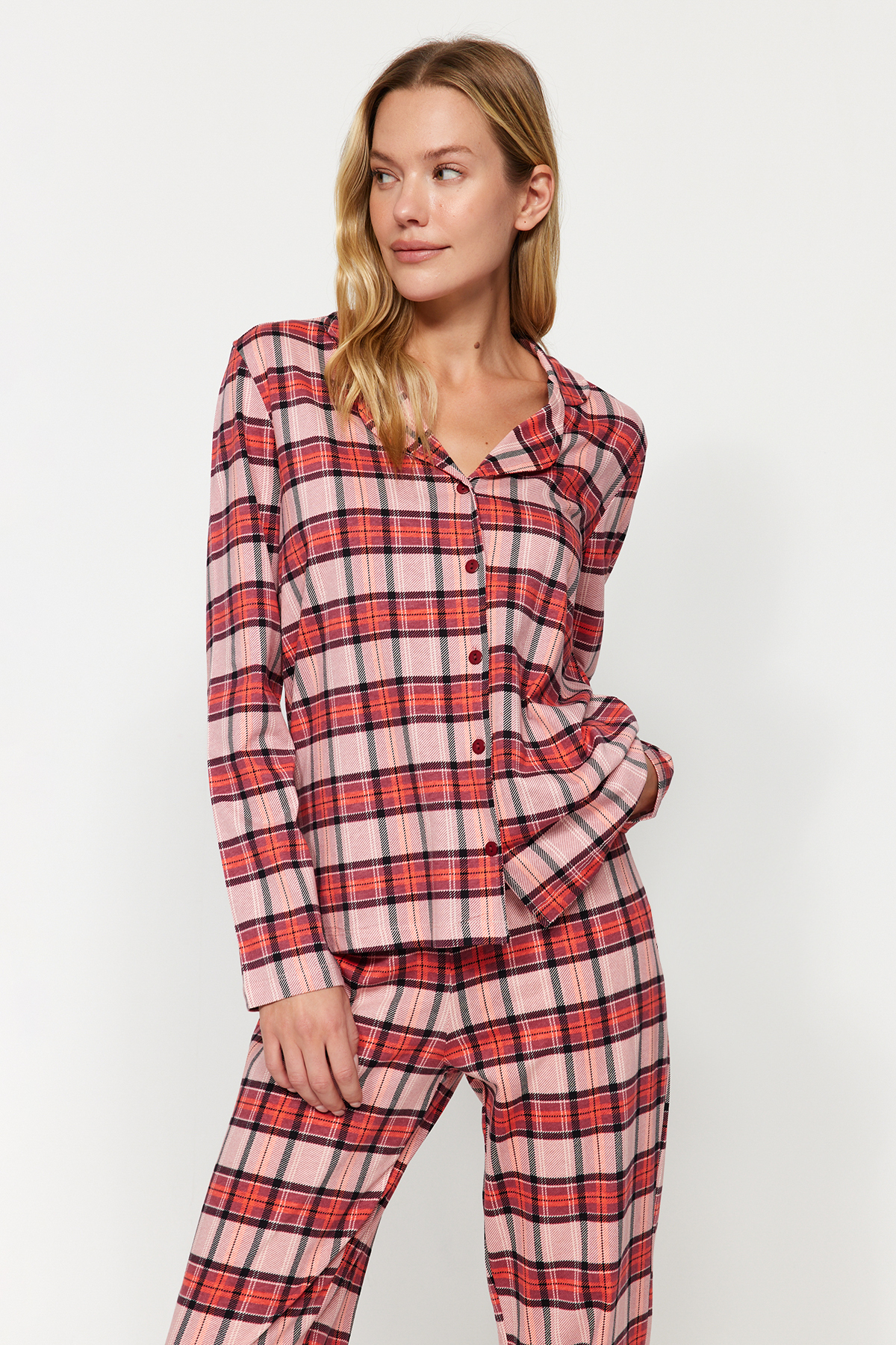 Levně Trendyol Red 100% Cotton Plaid/Checked Shirt-Pants Knitted Pajama Set