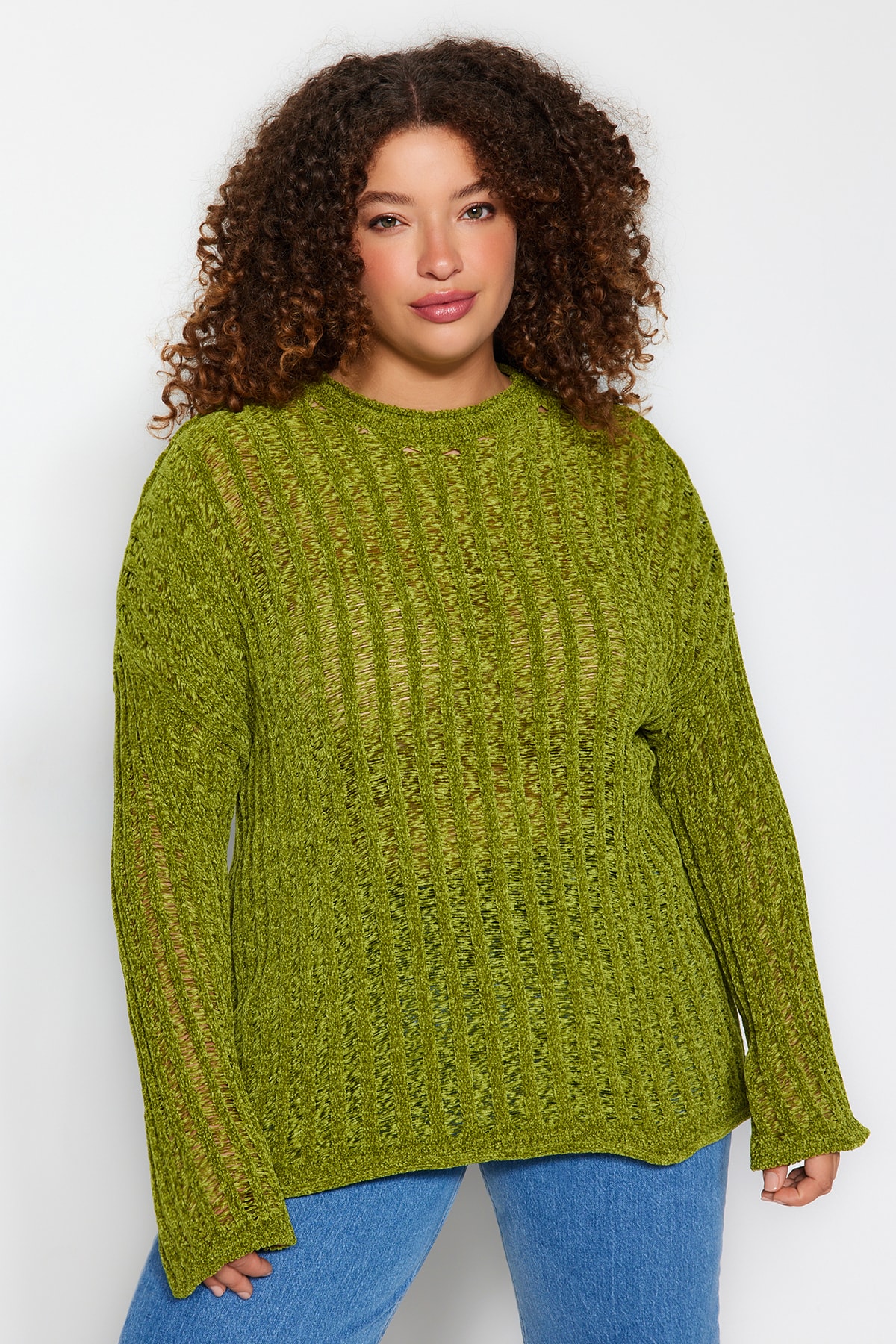 Trendyol Curve Green Openwork/Hole Knitwear Sweater
