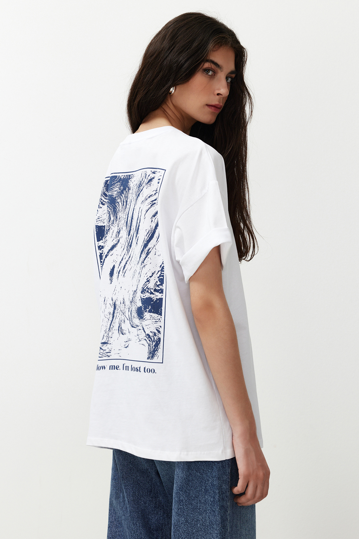 Trendyol White 100% Cotton Back and Front Printed Oversize/Comfortable Fit Knitted T-Shirt