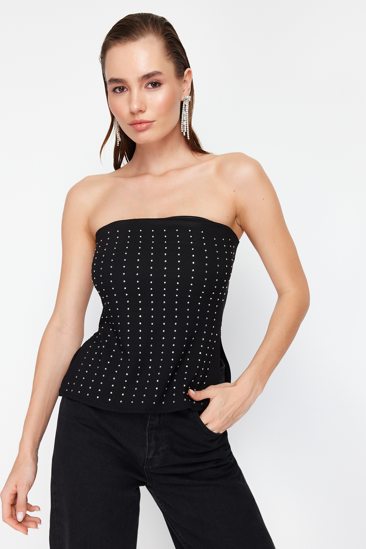 Trendyol Black Shiny Slit Woven Blouse