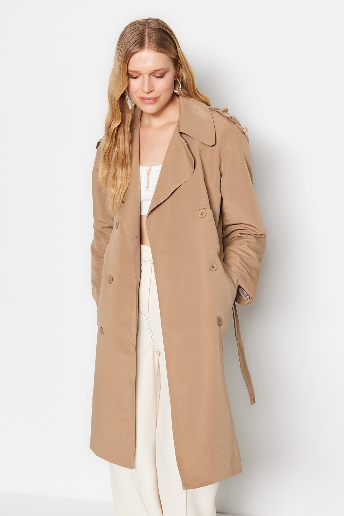 Trendyol Mink supradimensionat Belted trenci