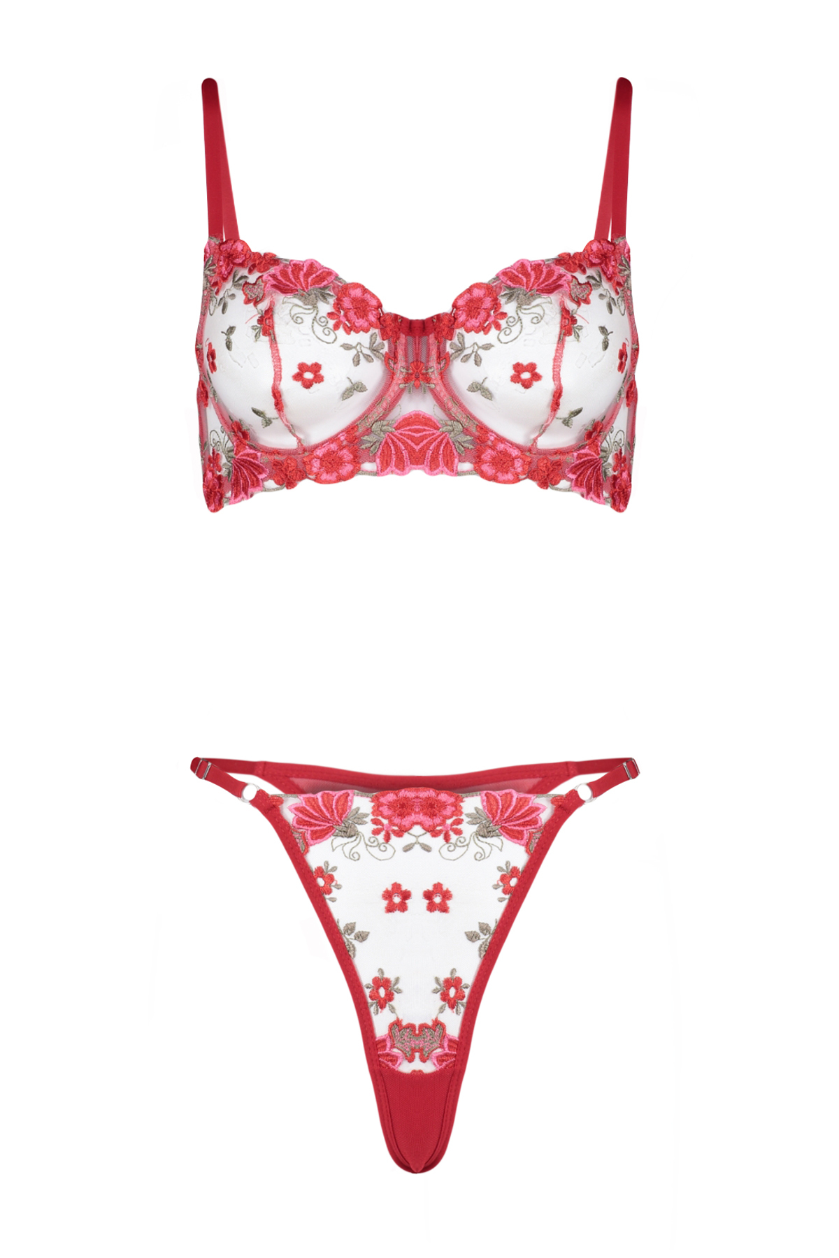 Levně Trendyol Red Floral Embroidery Capless Knitted Lingerie Set