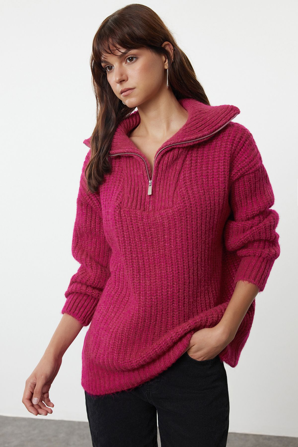 Trendyol Fuchsia Stand Collar Knitwear Sweater