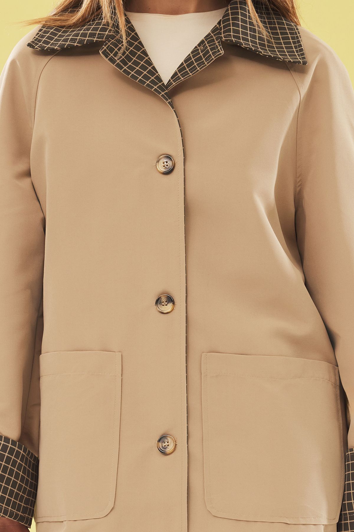 Trendyol Beige Plaid Lined Regular Midi Trench Coat