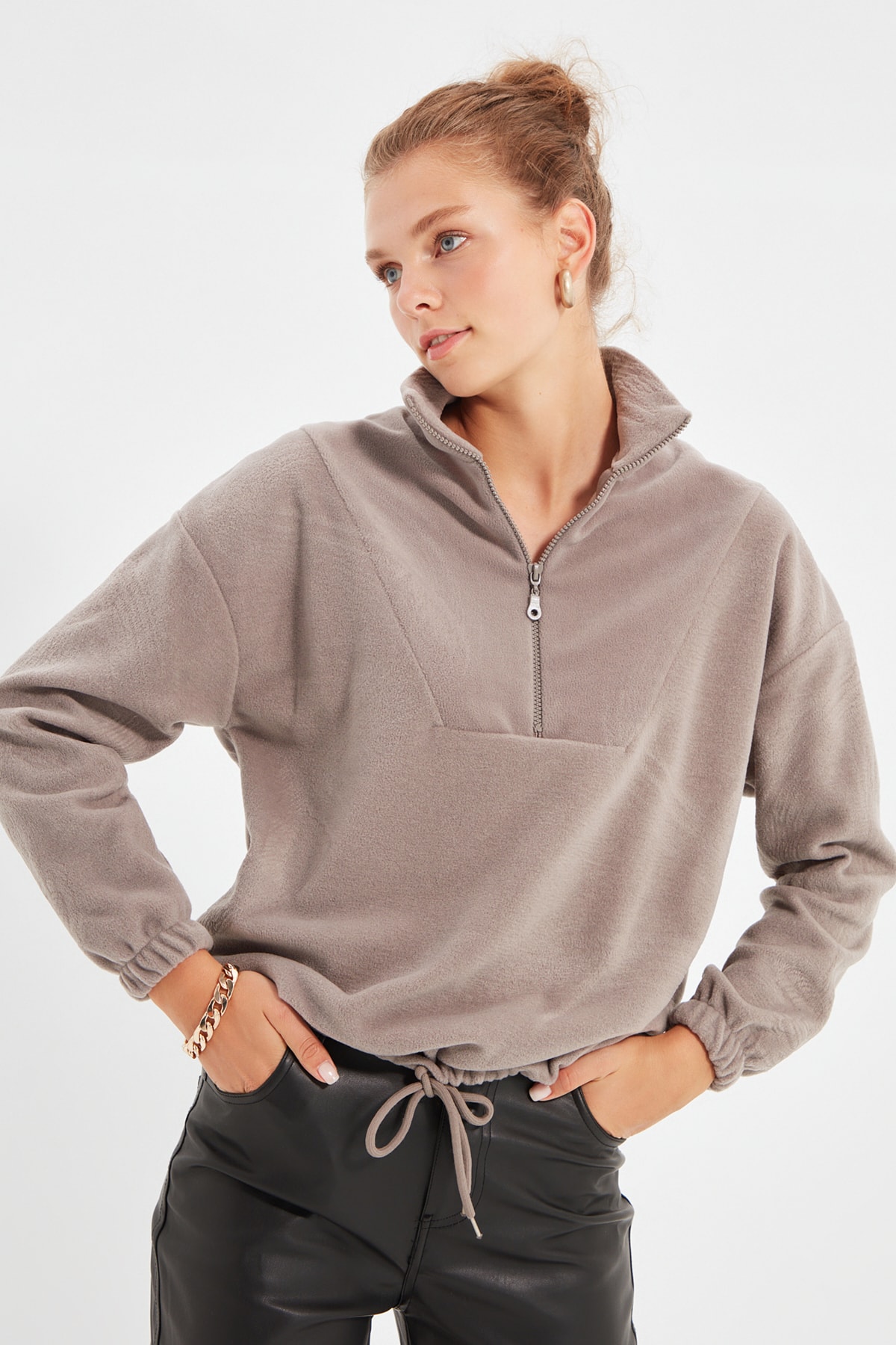 Trendyol Stone Zipper Detail Fleece Knitted Sweatshirt