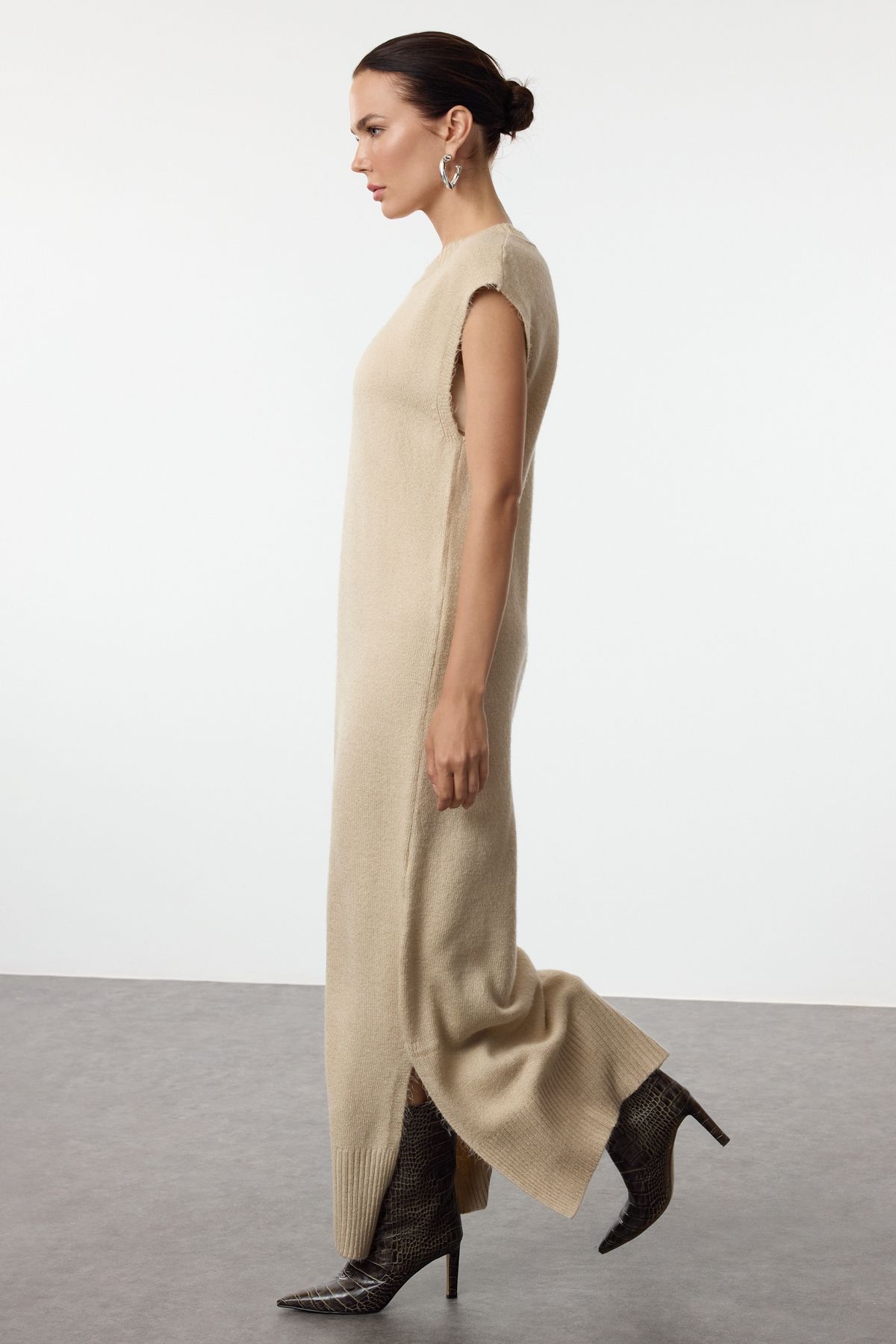 Trendyol Beige Maxi Knitwear Soft Texture Slit Detailed Vest Dress