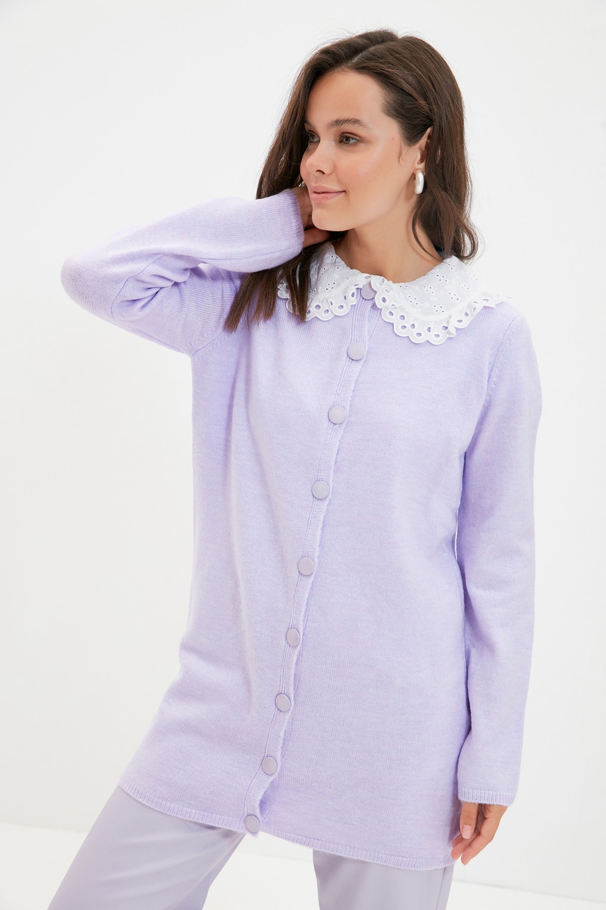 Trendyol Lilac Peter Pan Collar Long Knitwear Cardigan