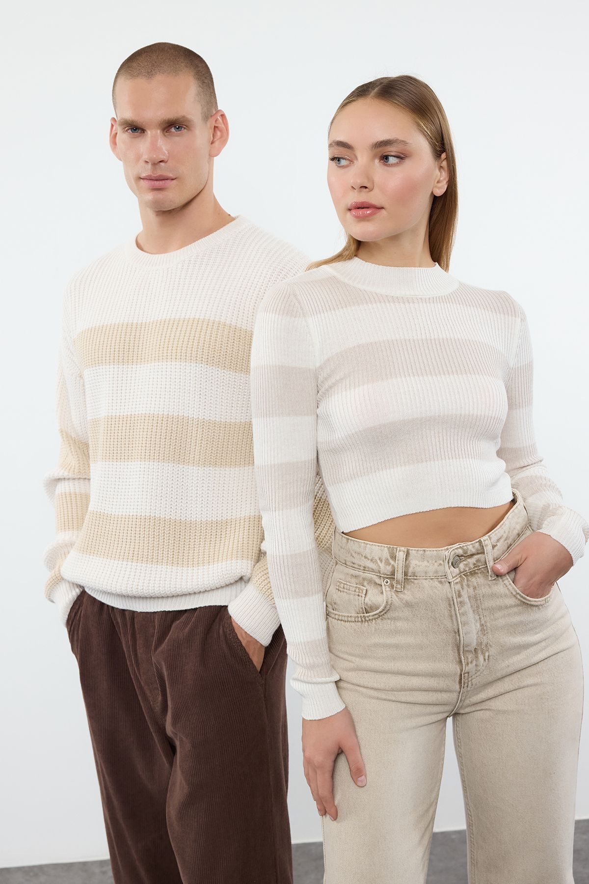 Trendyol Stone Oversize Couple Crew Neck Striped Knitwear Sweater