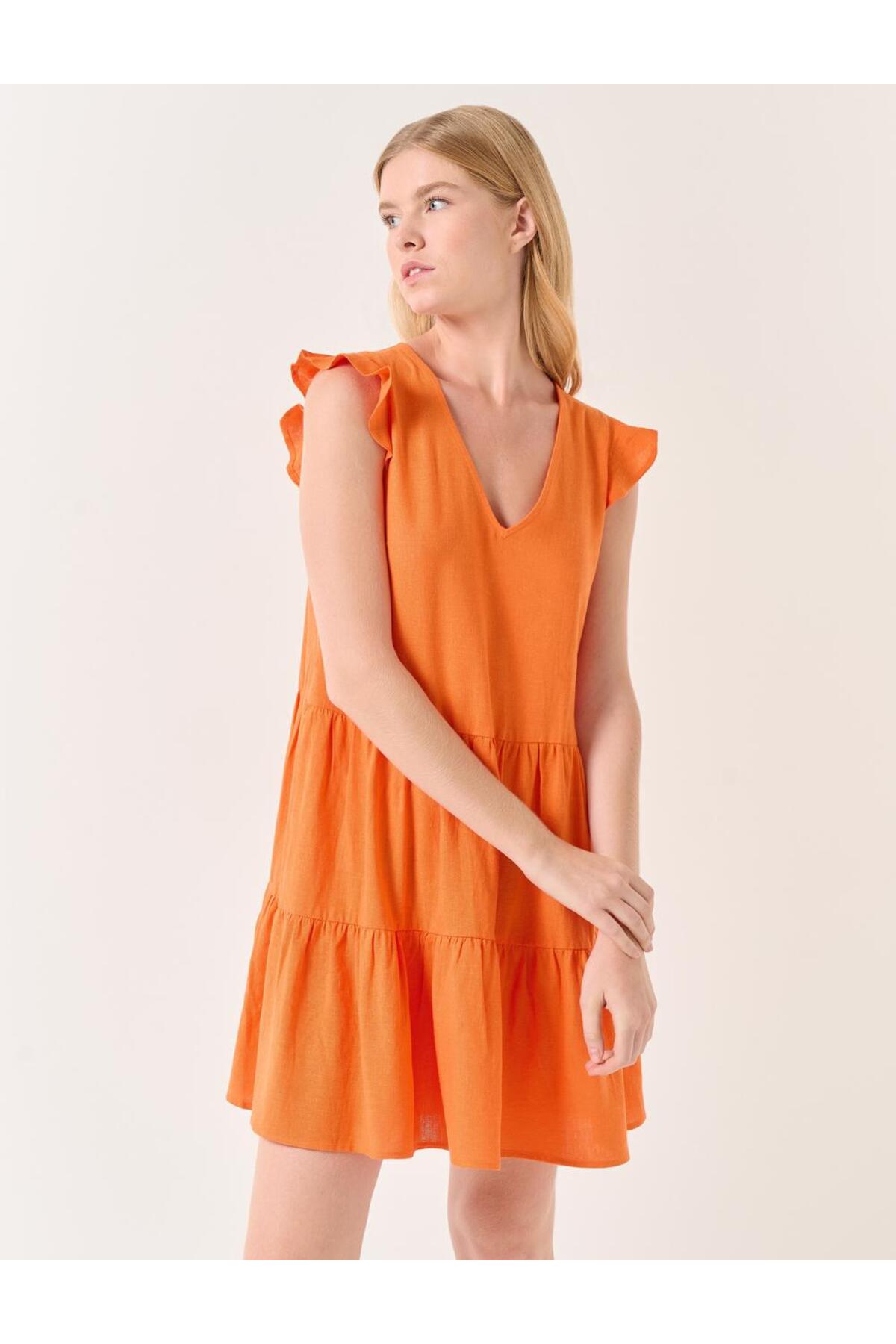 Levně Jimmy Key Orange Sleeveless V-Neck Mini Linen Dress