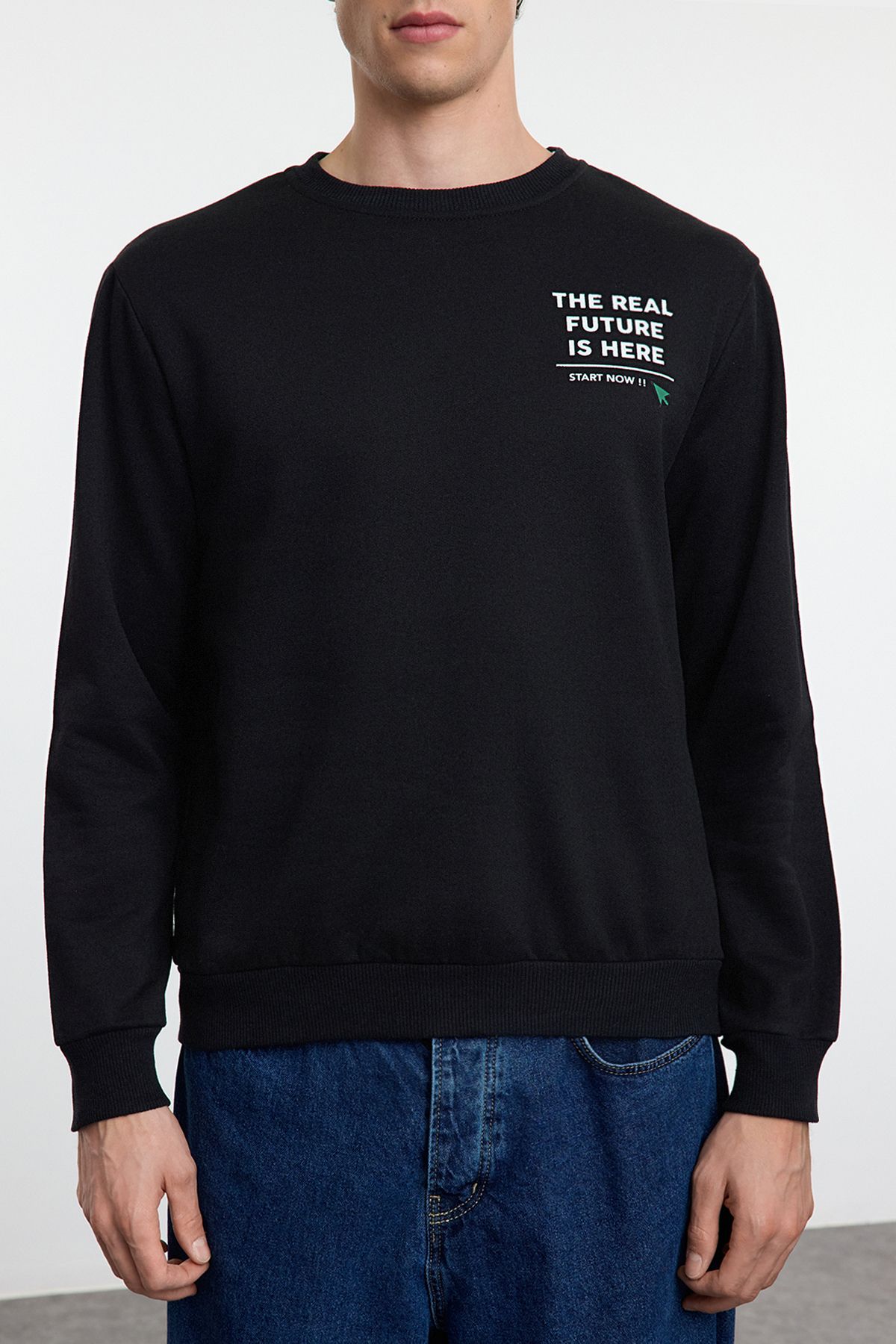 Trendyol Black Regular/Normal Cut Crew Neck Text Printed Sweatshirt with Fleece Inside