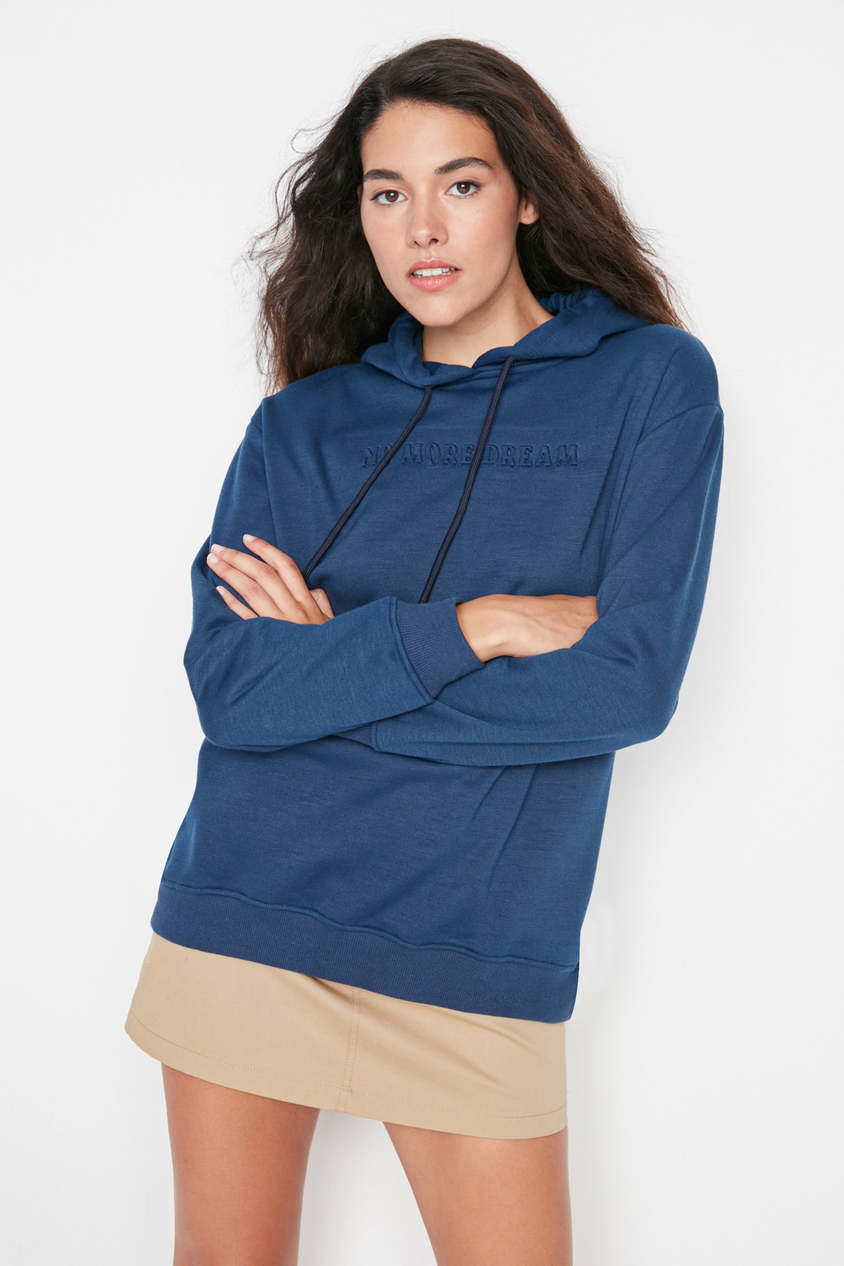 Levně Trendyol Indigo See-through Printed Boyfriend Thin Fleece Knitted Sweatshirt