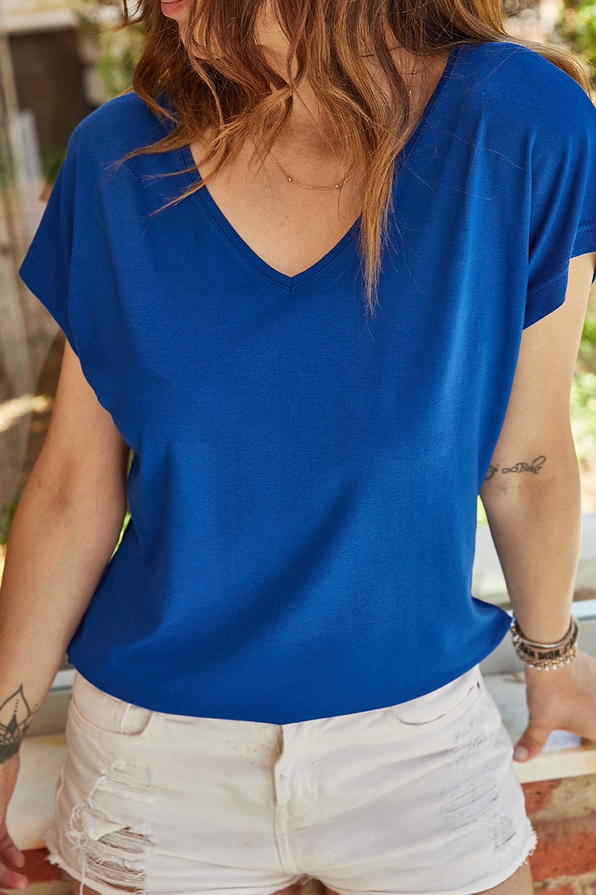 XHAN Women's Saxe Blue V-Neck Flowy Viscose T-Shirt