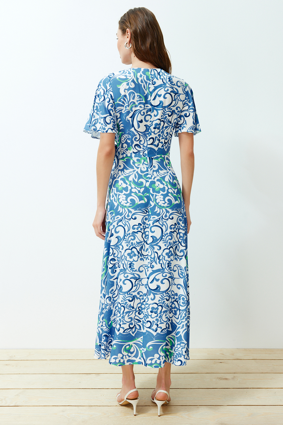 Trendyol Blue Floral Double Breasted Viscose Midi Woven Dress