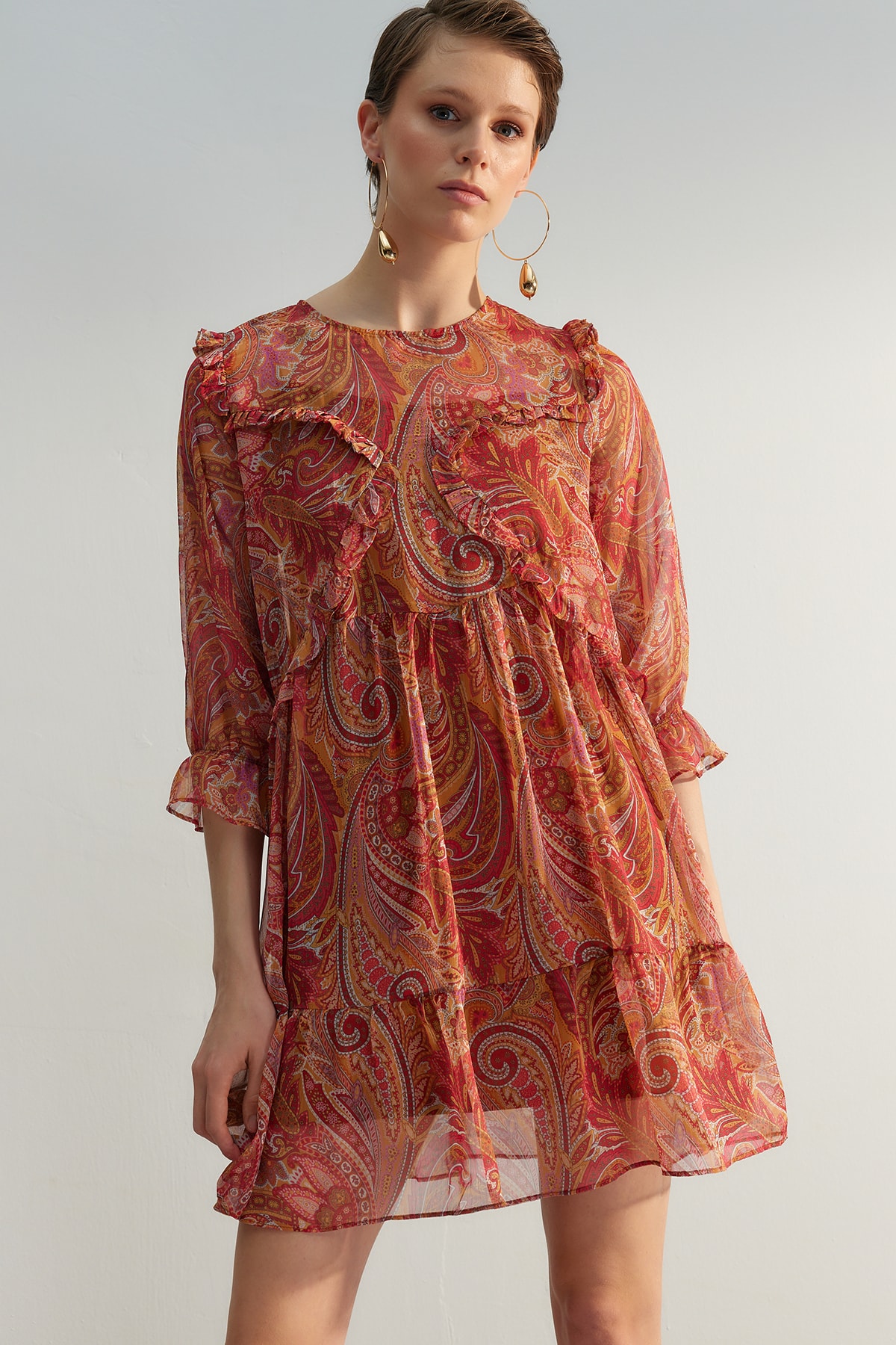 Trendyol Tile Plain Cut Mini Weave Chiffon Lined Ruffle Paisley Model Rochie Rochie