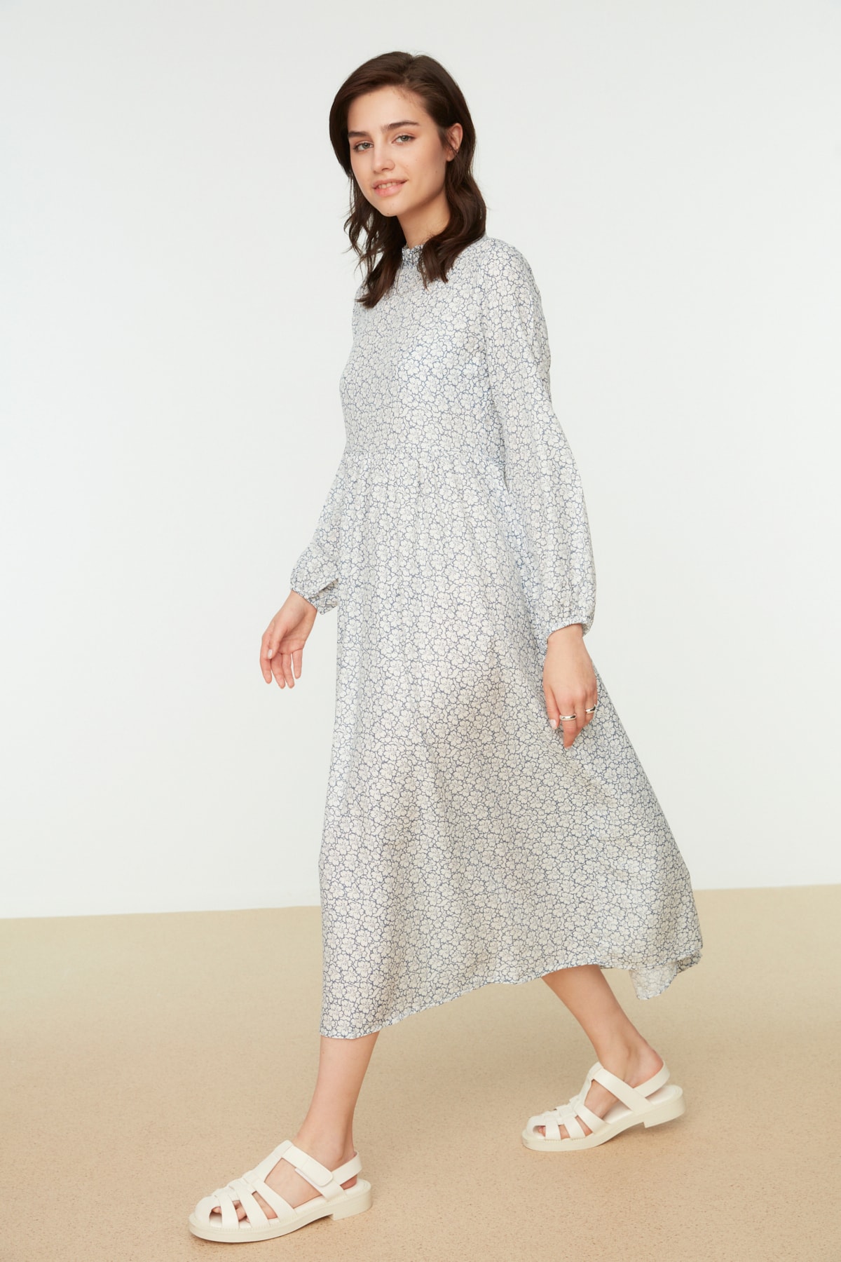 Trendyol White Floral Patterned Ruffles, Stand-Up Collar Woven Dress