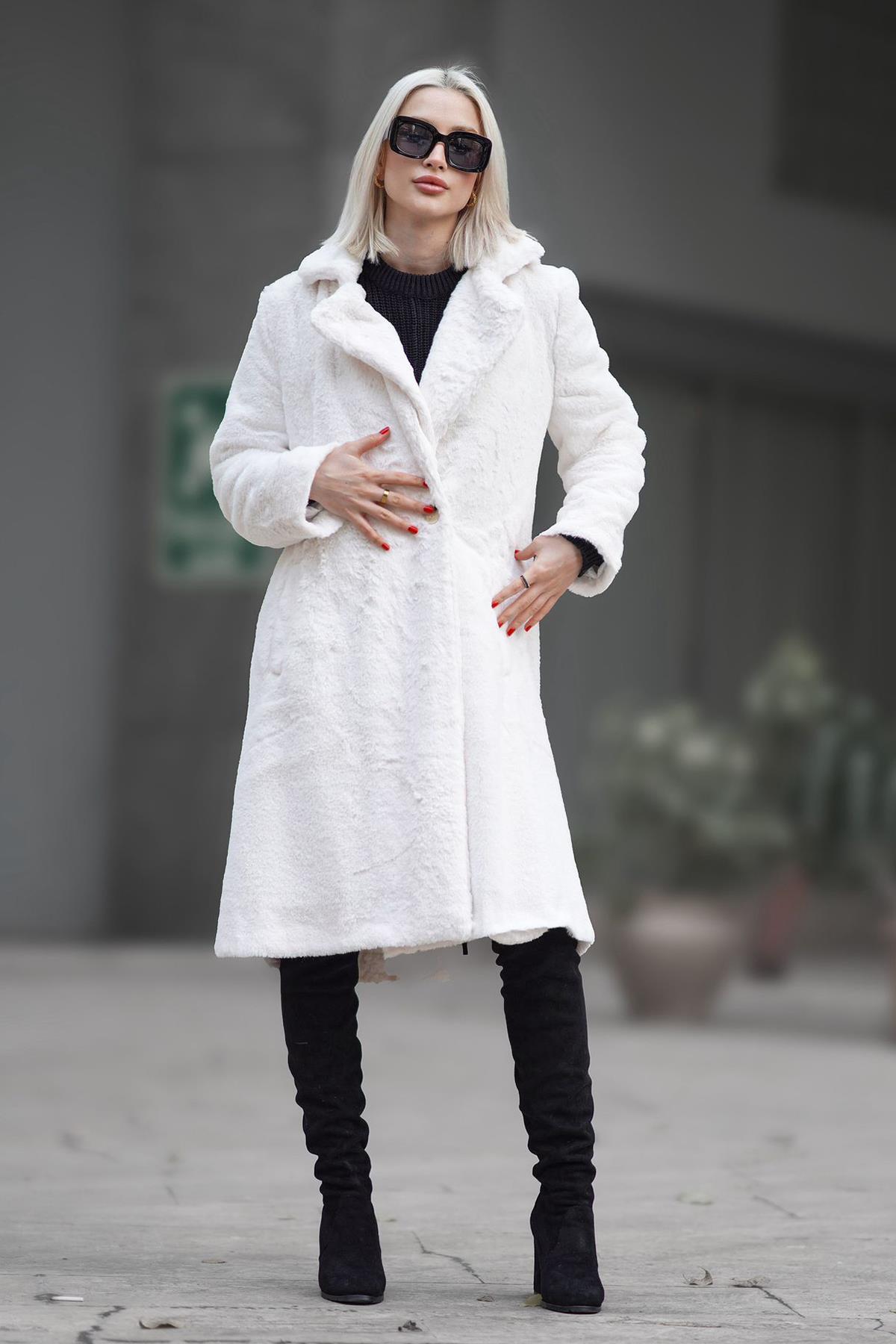 Madmext White Soft Textured Plush Coat