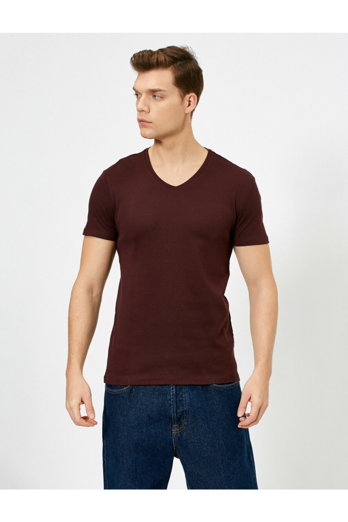 Koton Men's Burgundy VNeck TShirt