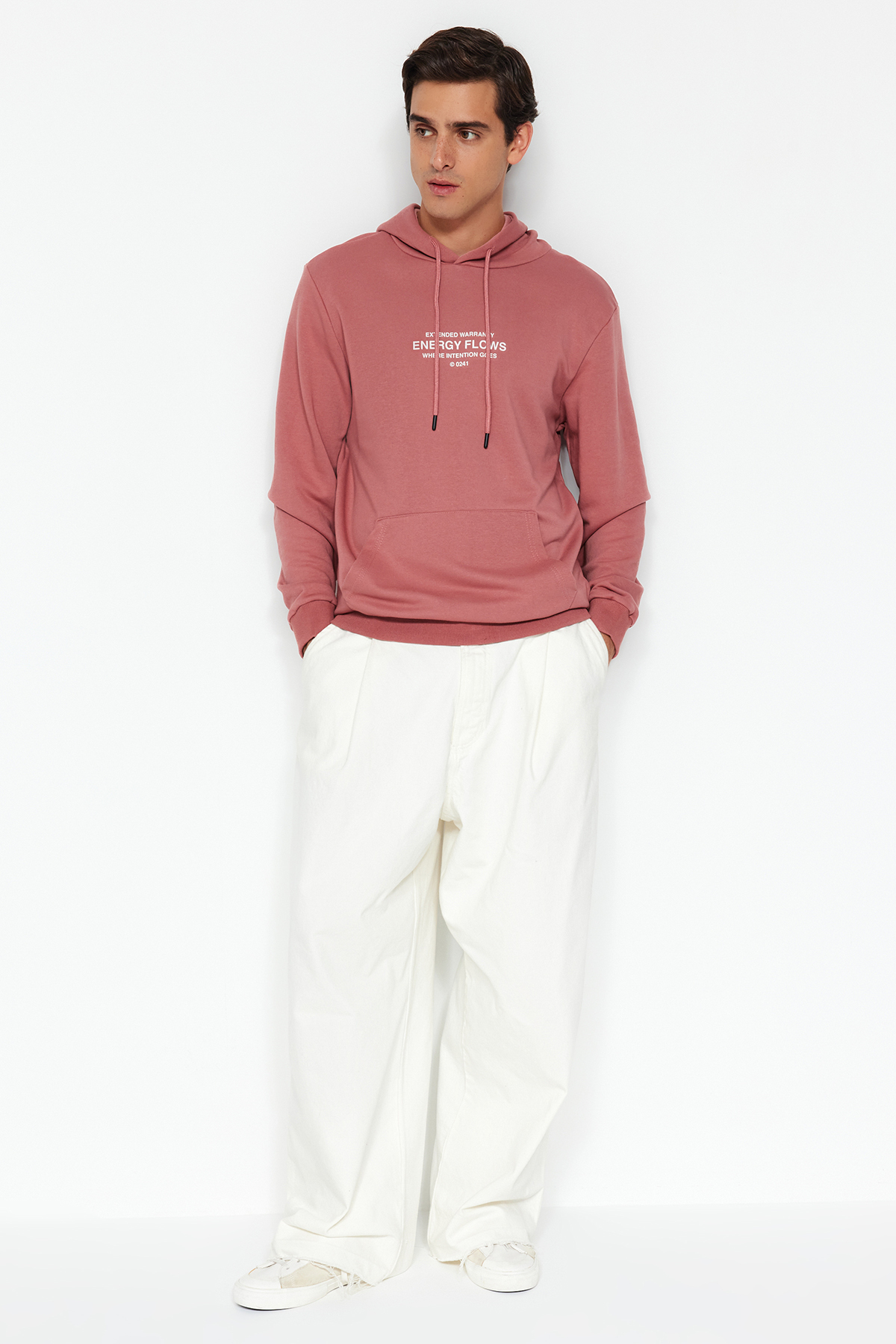 Levně Trendyol Pale Pink Regular/Normal Fit Text Printed Hooded Sweatshirt