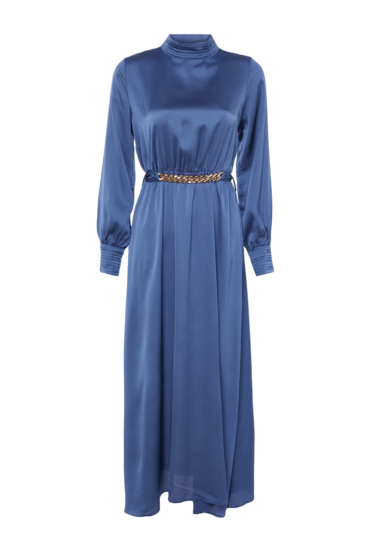 Trendyol Dark Blue Collar and Cuff Draped Detail Belted Woven Evening Dress
