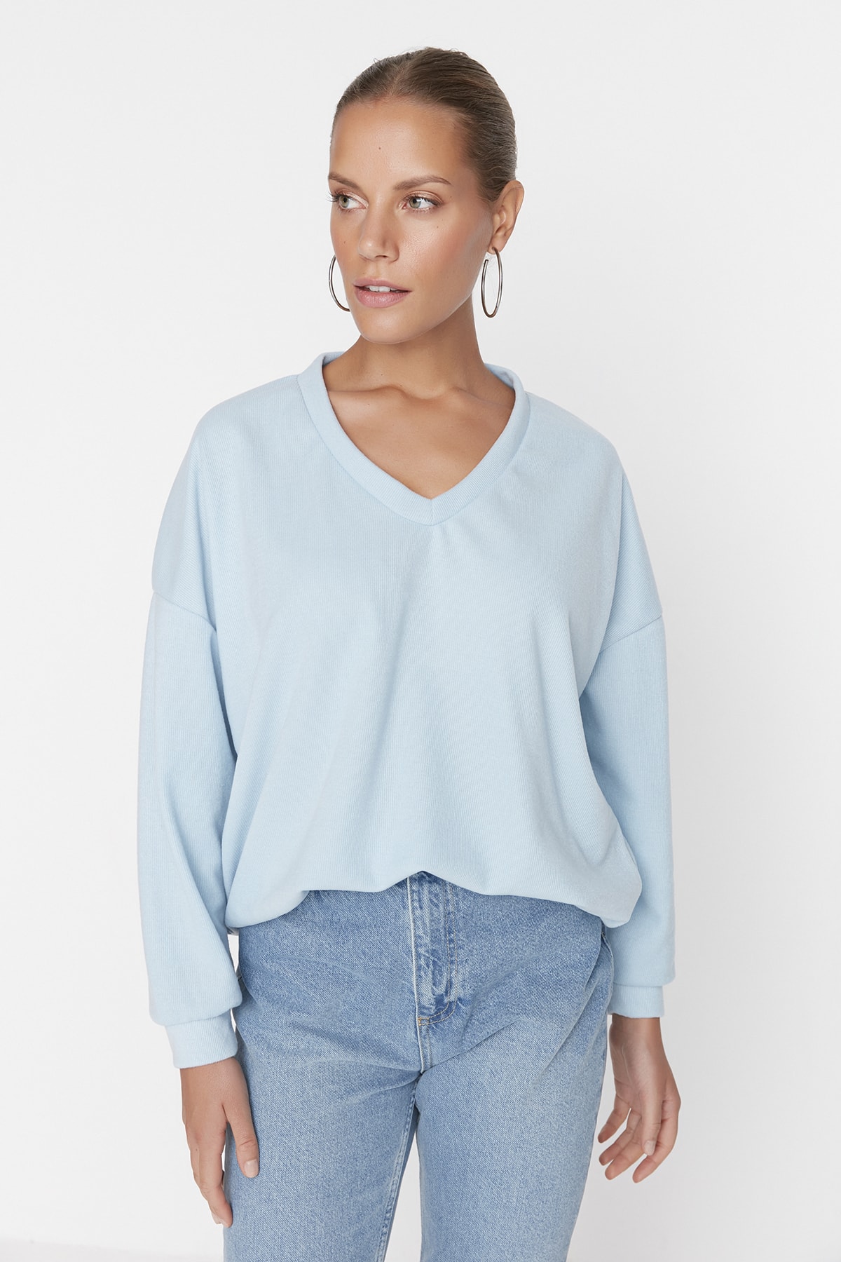 Trendyol Light Blue Oversized Thessaloniki Knitted Sweatshirt