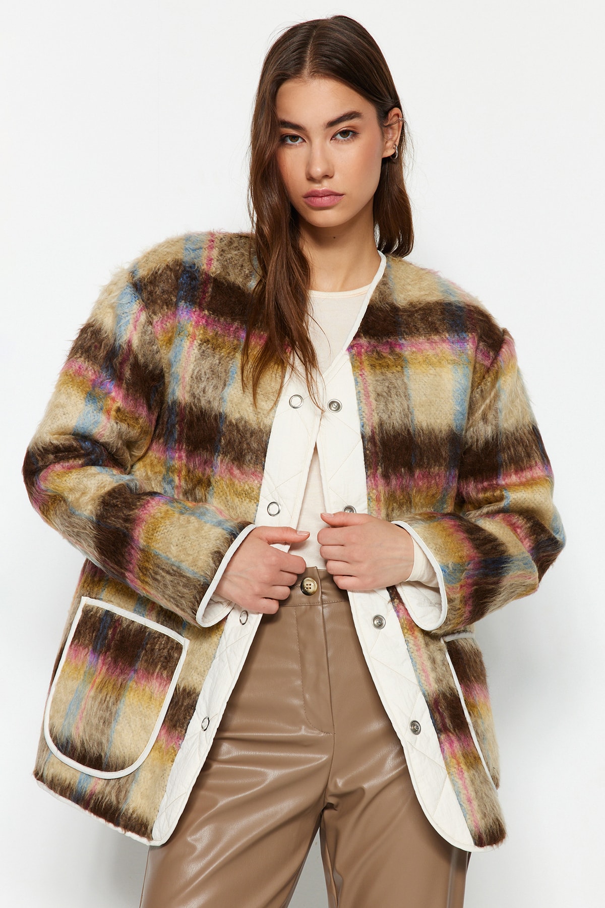 Levně Trendyol vícebarevný prémiový oversized oboustranný prošívaný kabát