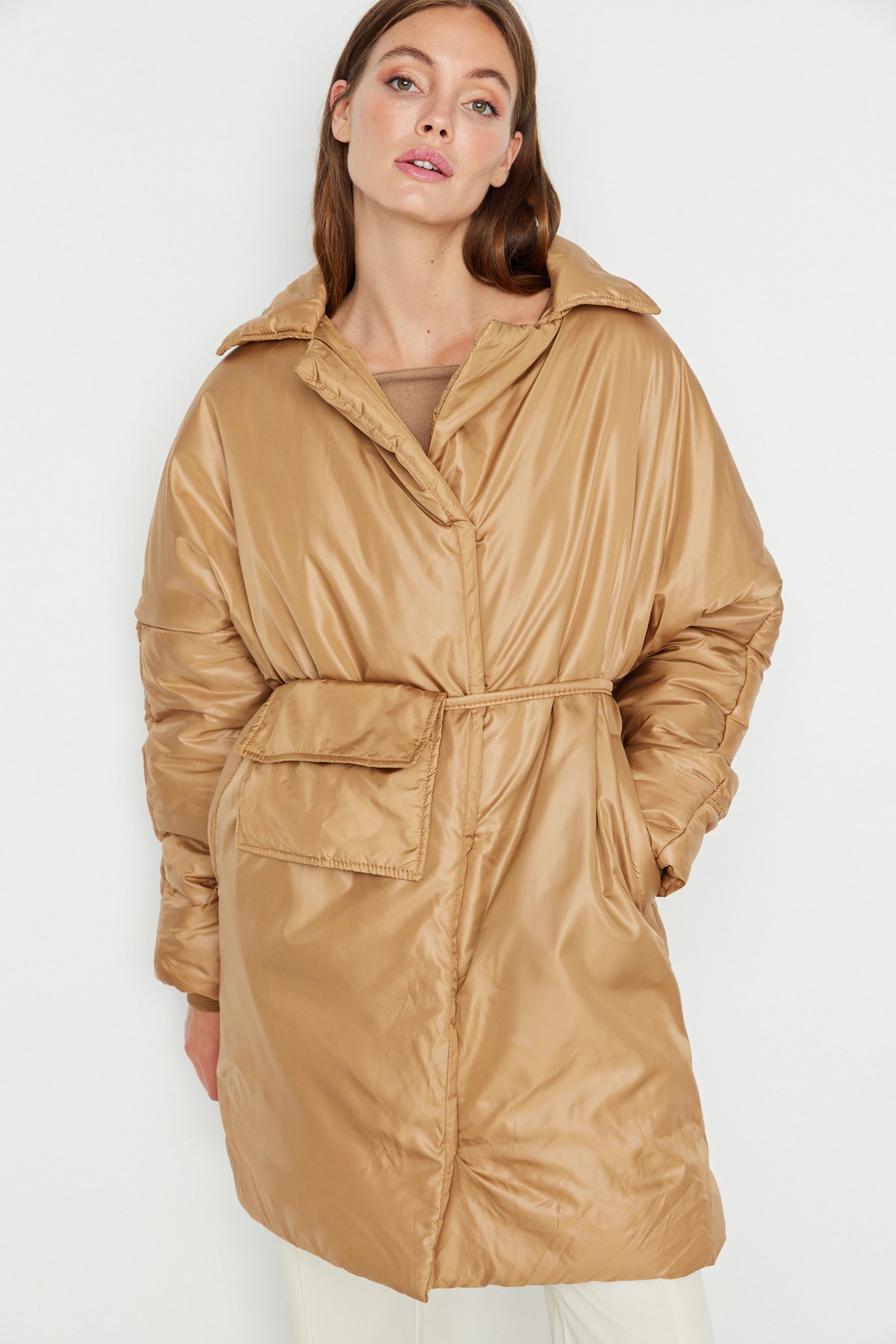 Trendyol With A Camel Bag, Belt Detailed Oversized Quilted Puffer Jacket