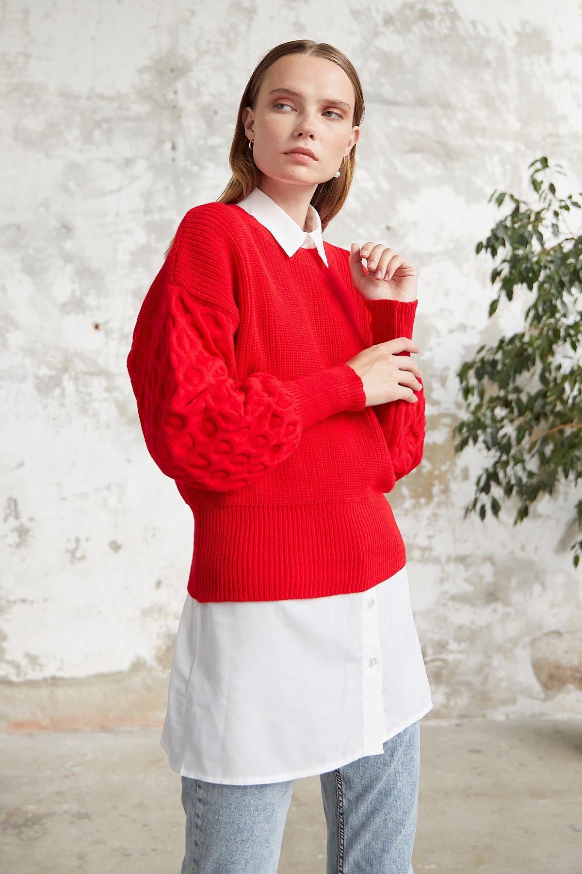 InStyle Noble Balloon Sleeve Knitwear Short Sweater - Red