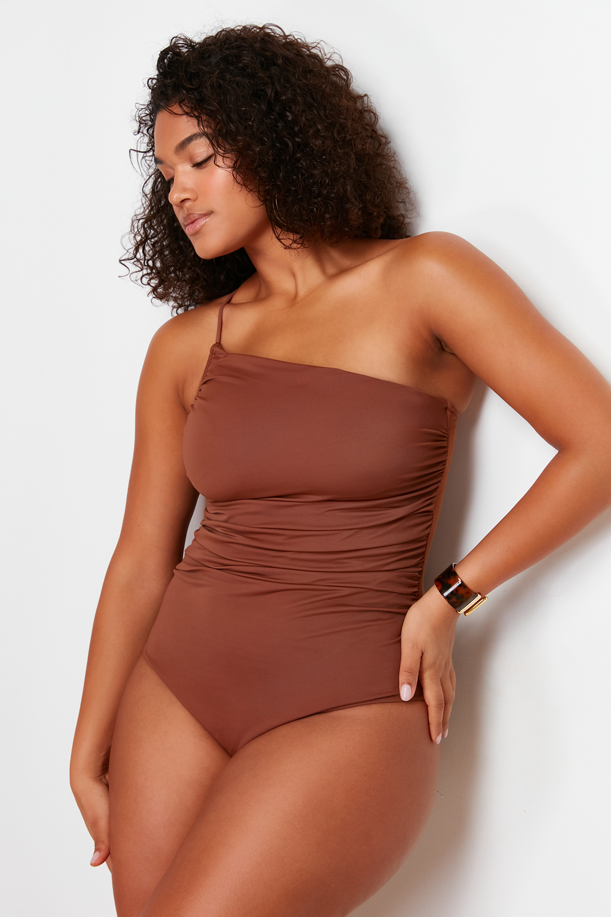 Trendyol Curve Brown One Shoulder Swimsuit