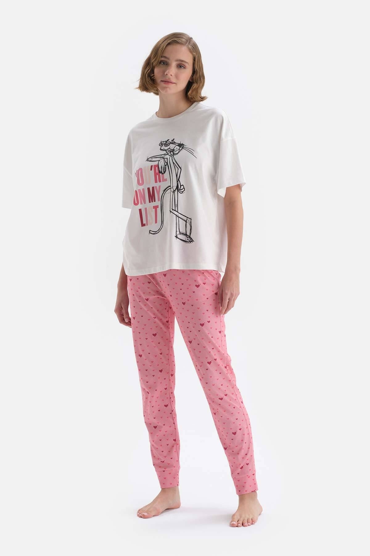 Dagi White License Printed Short Sleeve Knitted Pajamas Set