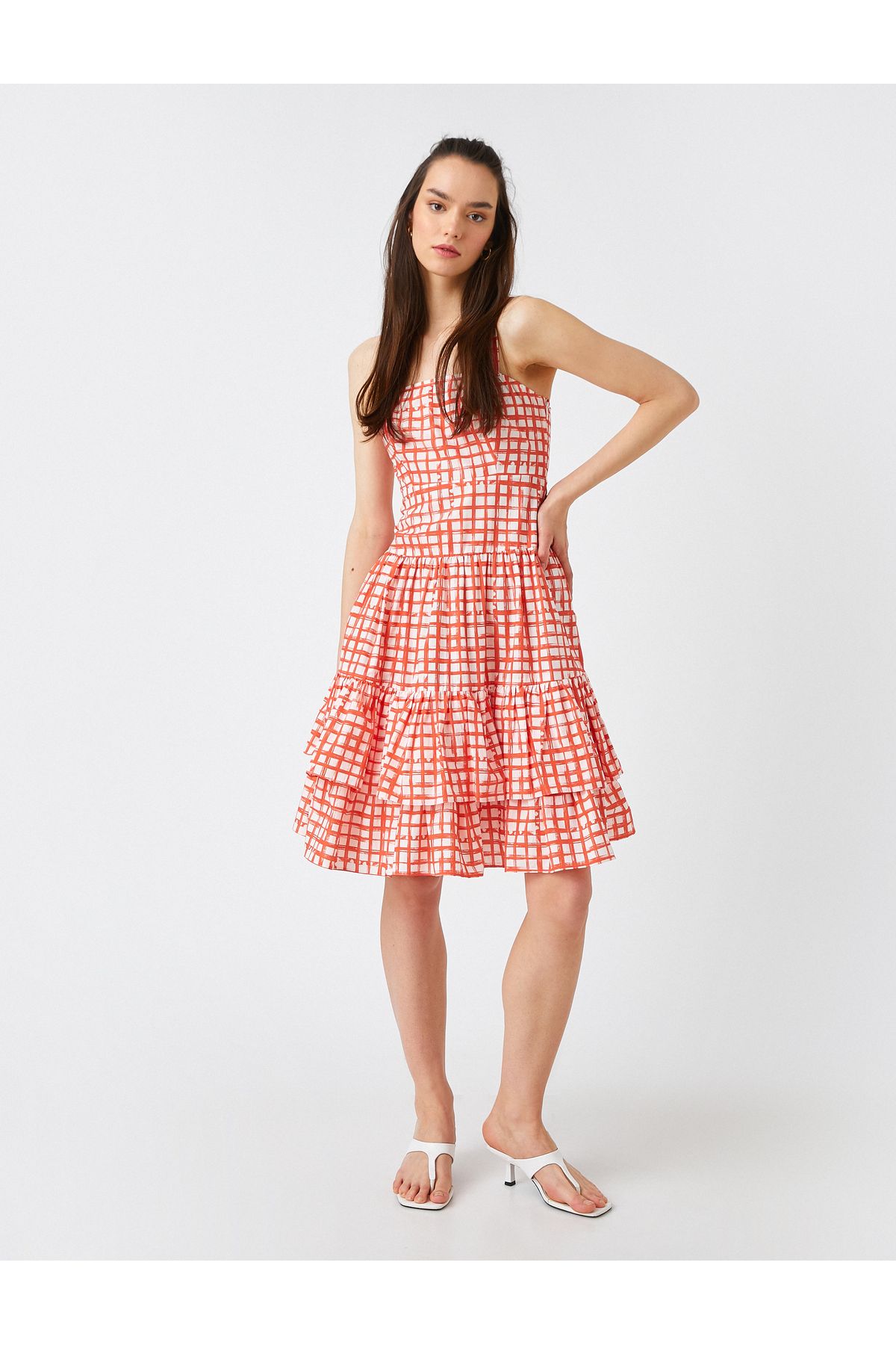 Rochie midi in carouri Koton cu bretele si volane