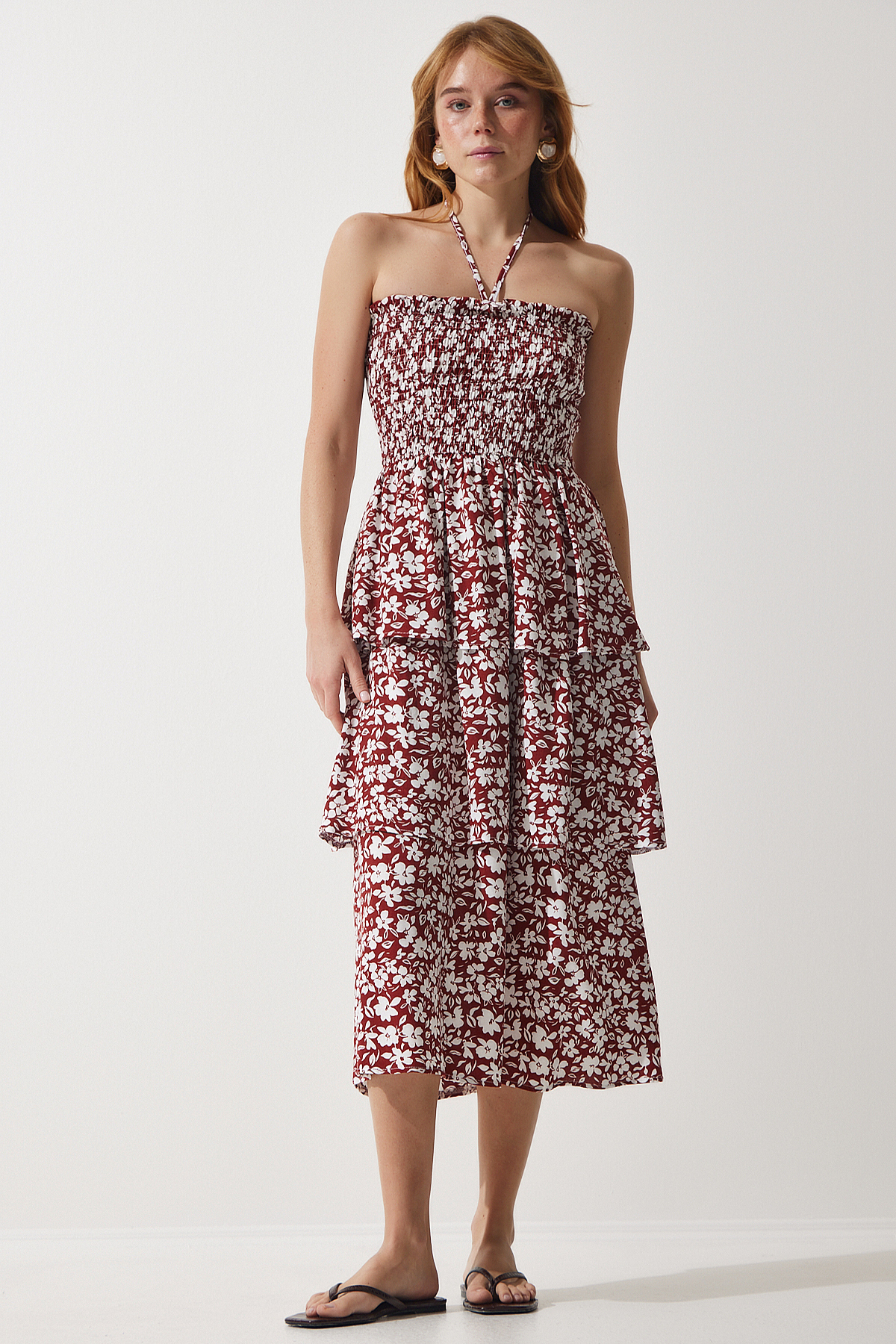 Happiness İstanbul Women's Brown Floral Flounce Summer Viscose Dress