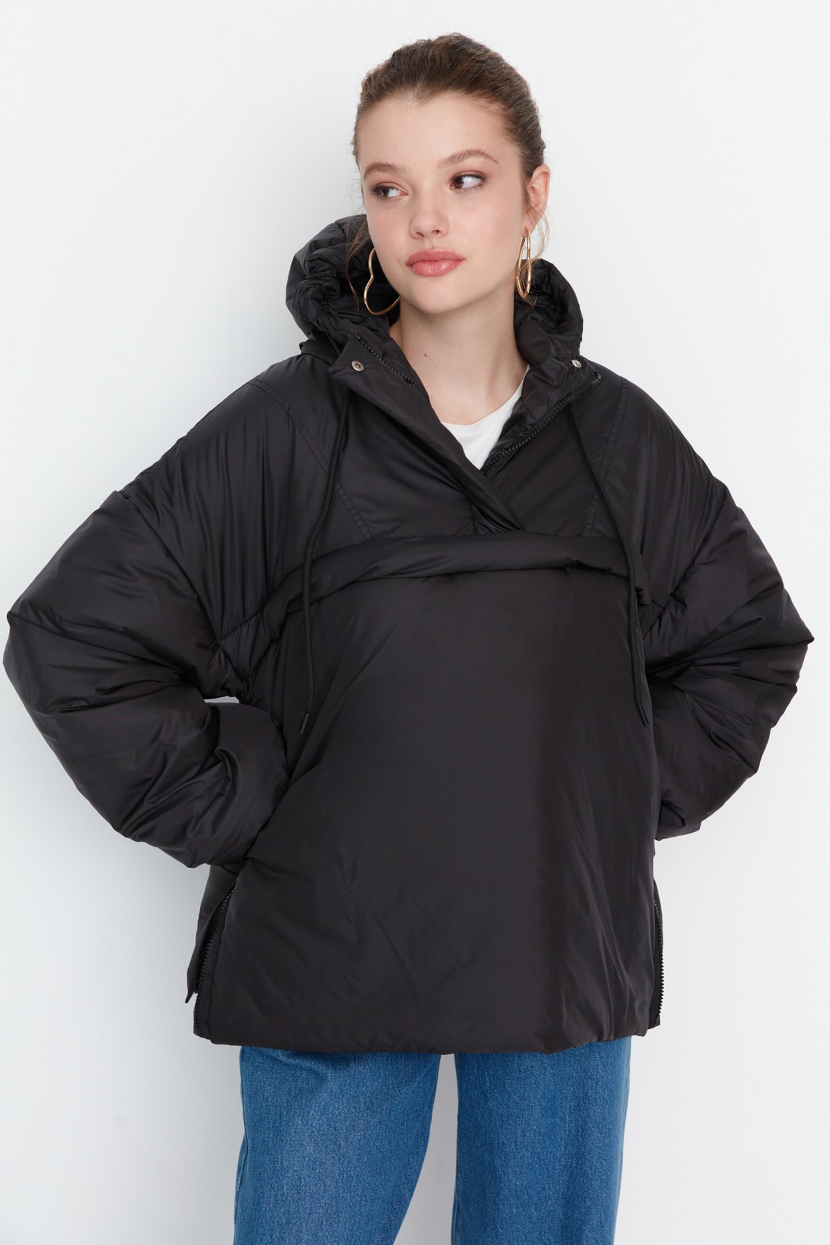 Trendyol Black Oversize Hooded Kangaroo Down Jacket