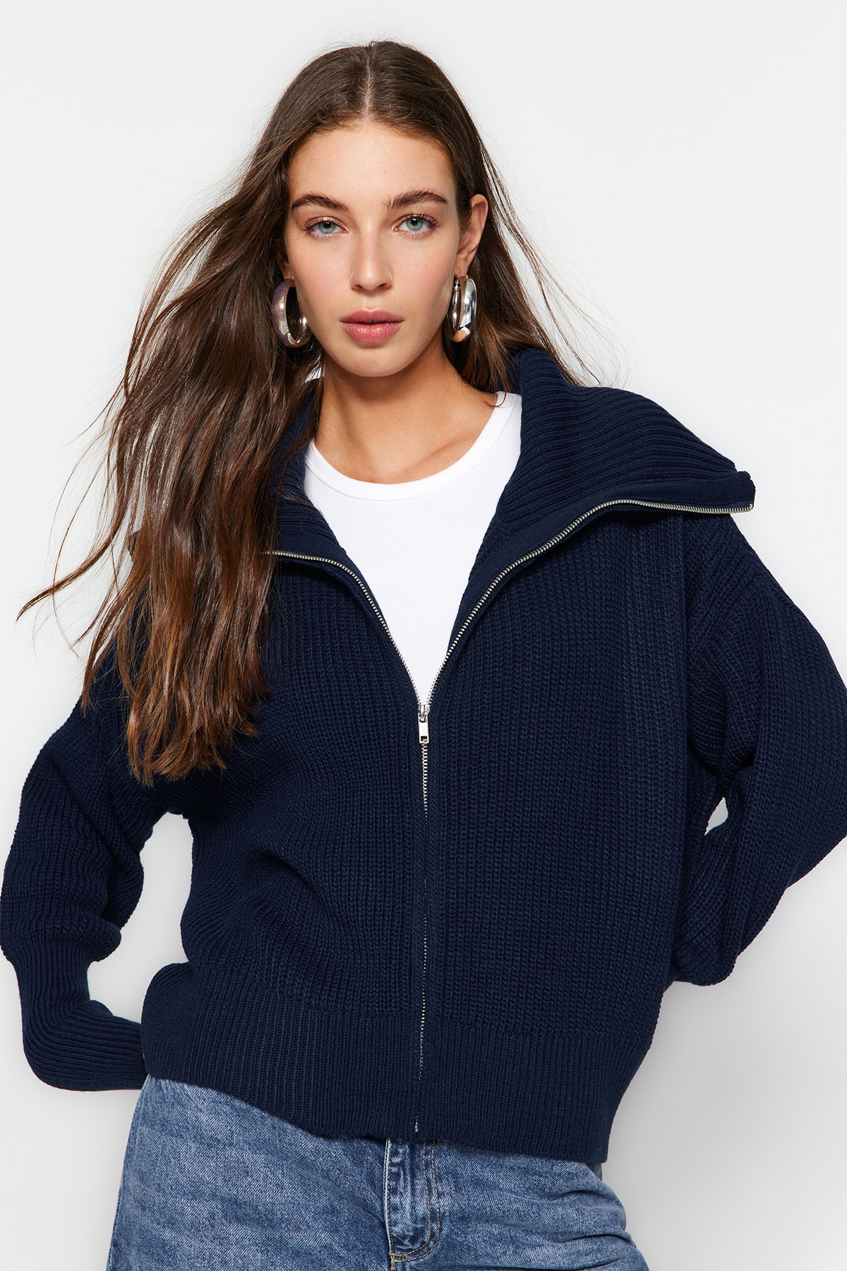 Levně Trendyol Námořnický modrý límec na zip Detailní pletený svetr