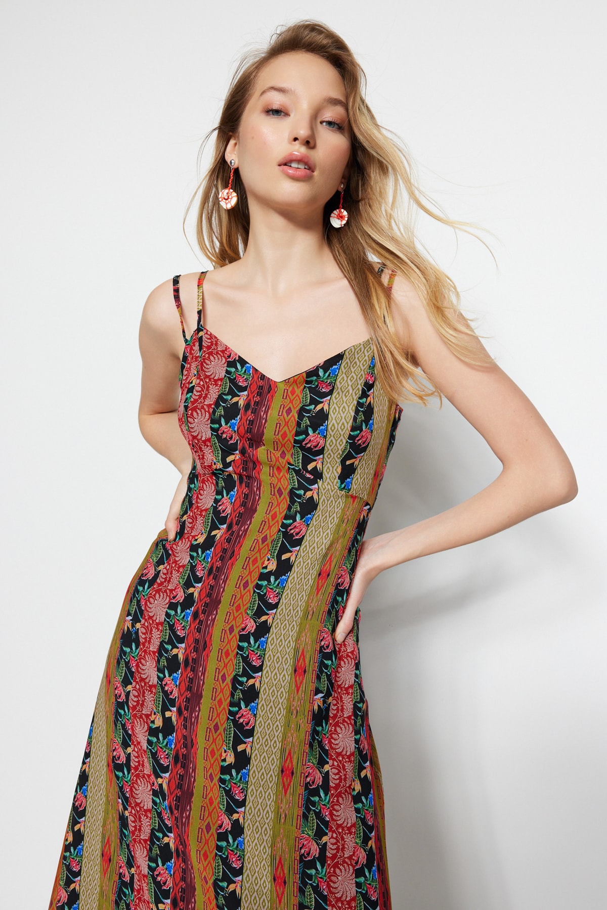 Trendyol Multicolored Patterned A-Cut Strap Midi Lined Woven Dress