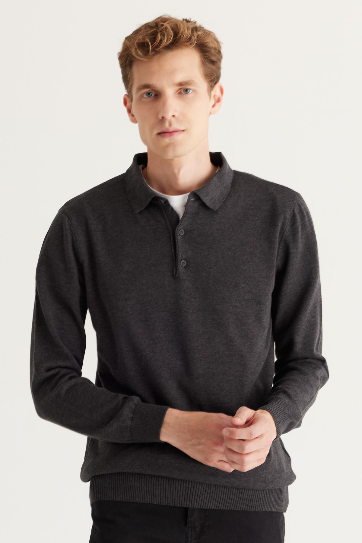 ALTINYILDIZ CLASSICS Men's Anthracite-Melange Standard Fit Regular Cut Polo Collar Cotton Knitwear Sweater.