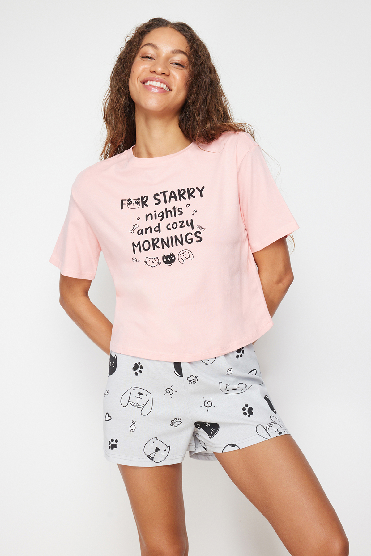 Trendyol Pink-Grey 100% Cotton Motto Printed Knitted Pajamas Set