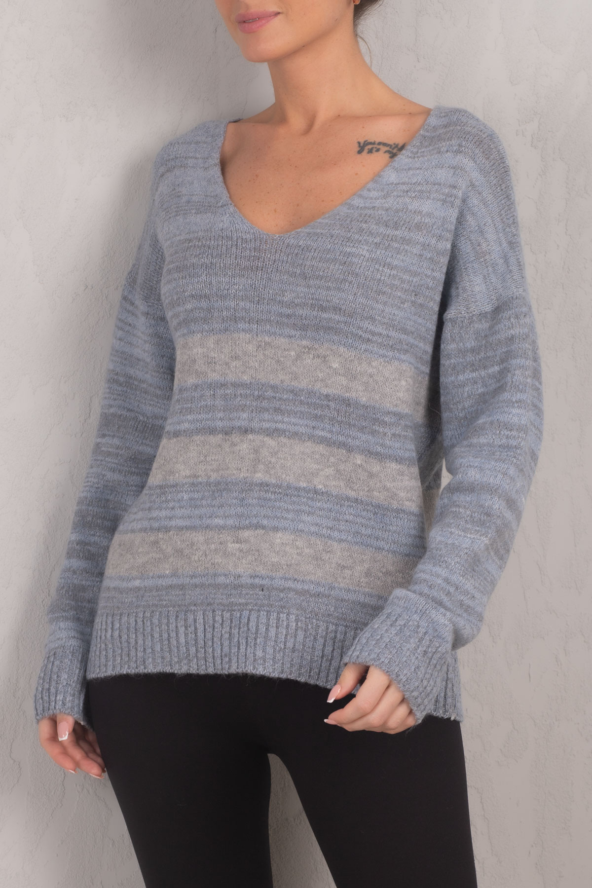 armonika Women's Light Blue Lily V-Neck Striped Knitwear Sweater