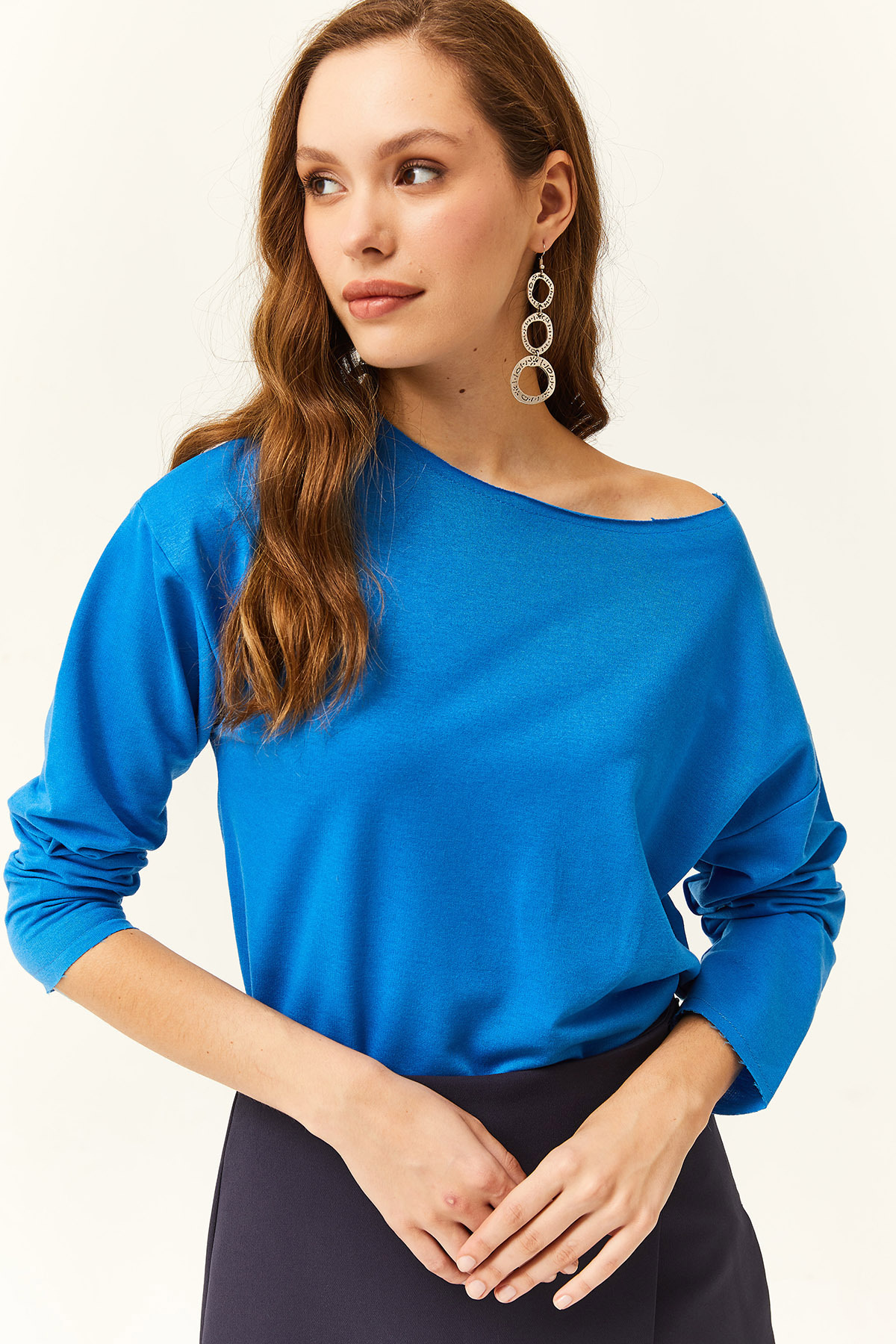 Levně Olalook Women's Blue Dirty Collar Printed Soft Textured Thin Sweatshirt